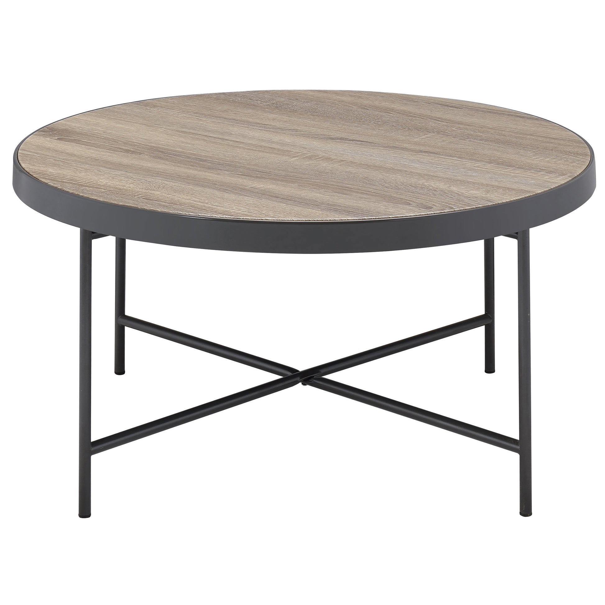 Round wood veneer coffee table with black metal base and crossed legs