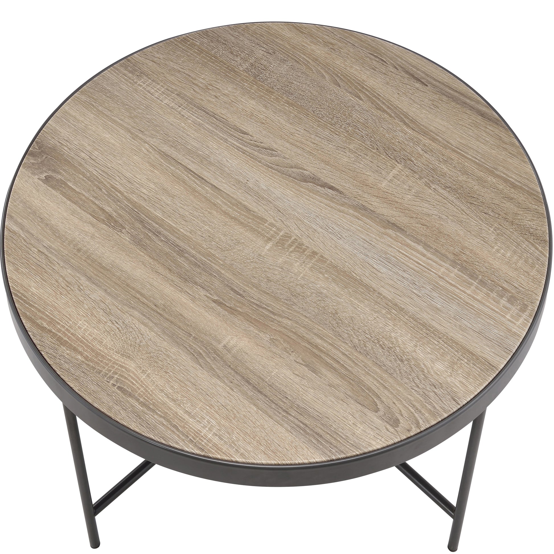 Round side table with natural wood grain finish and dark metal frame