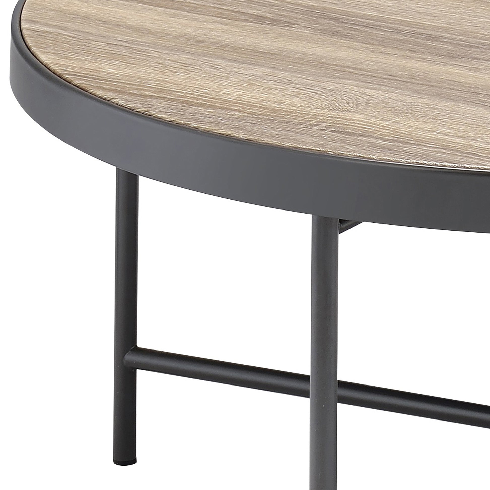 Round coffee table with natural wood grain top and matte black metal frame perfect for living rooms