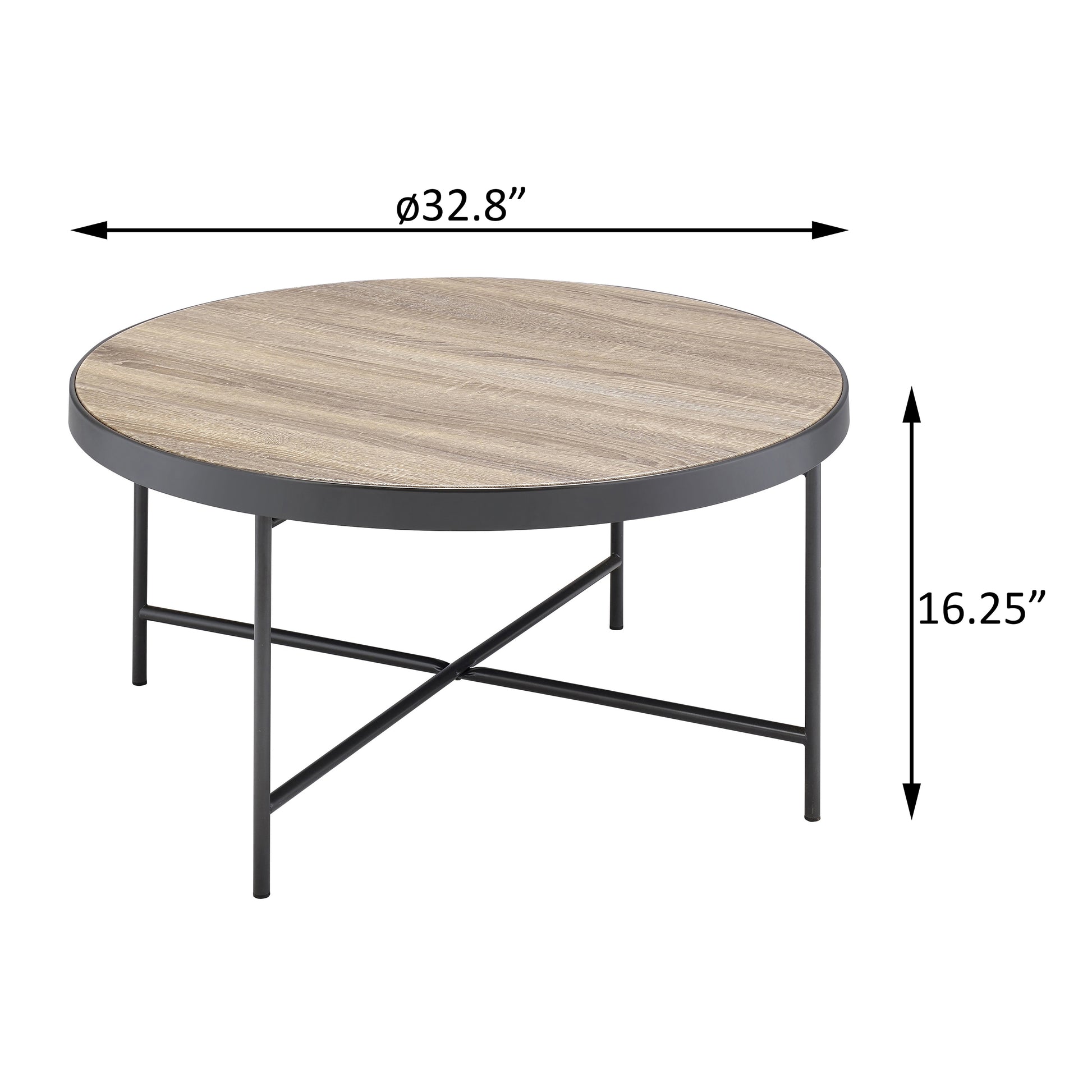 Round woodlook coffee table with black metal frame and xshaped legs