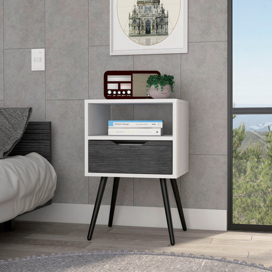 White and black modern nightstand with one drawer and open shelf on tapered legs