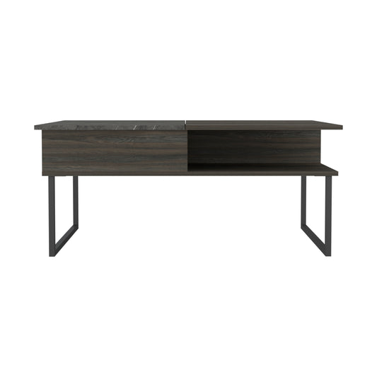 Dark oak modern coffee table with metal legs and open shelf
