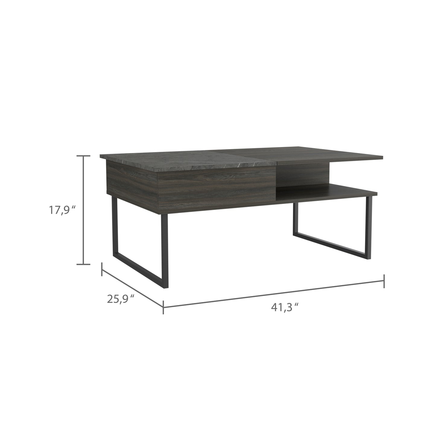 Modern dark wood coffee table with open shelf and metallic legs