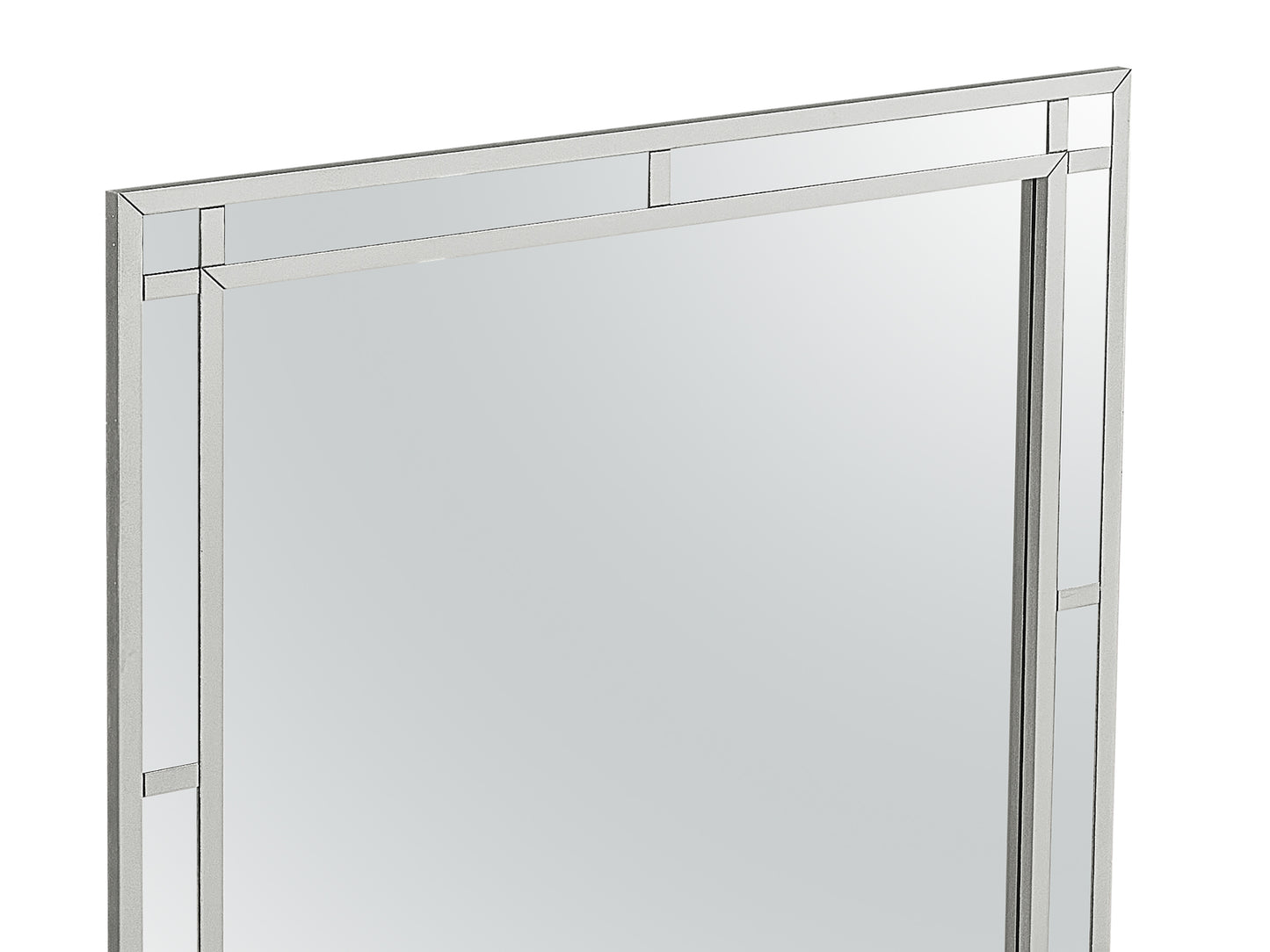 Rectangular beveled mirror with silver geometric frame detail