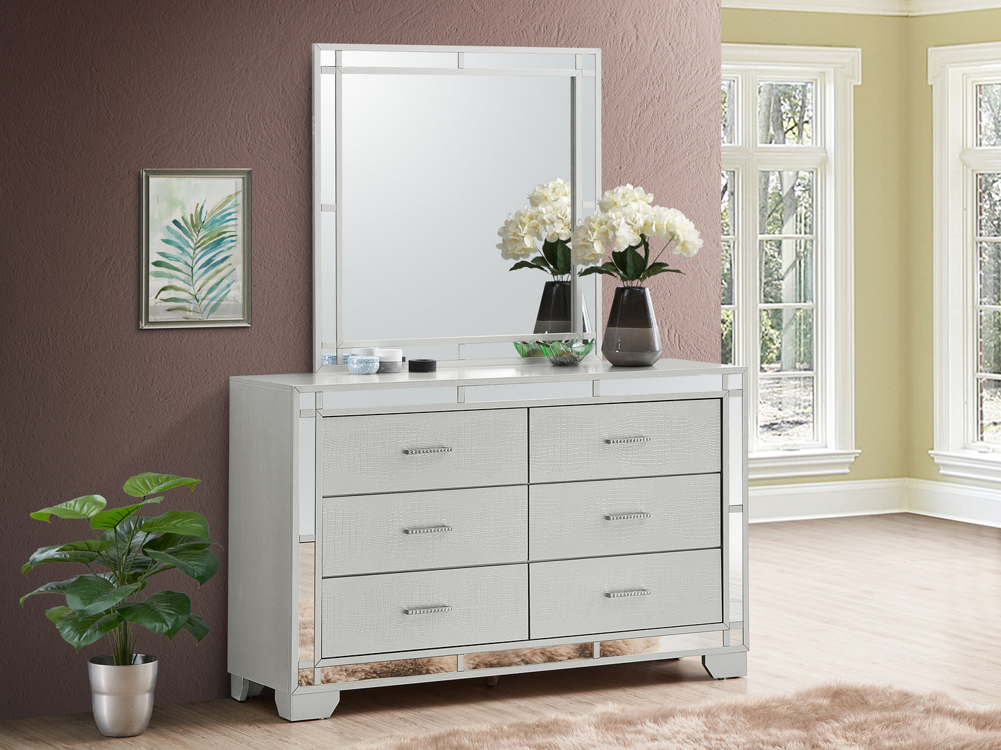 Mirrored dresser with six white textured drawers and silver crystal handles