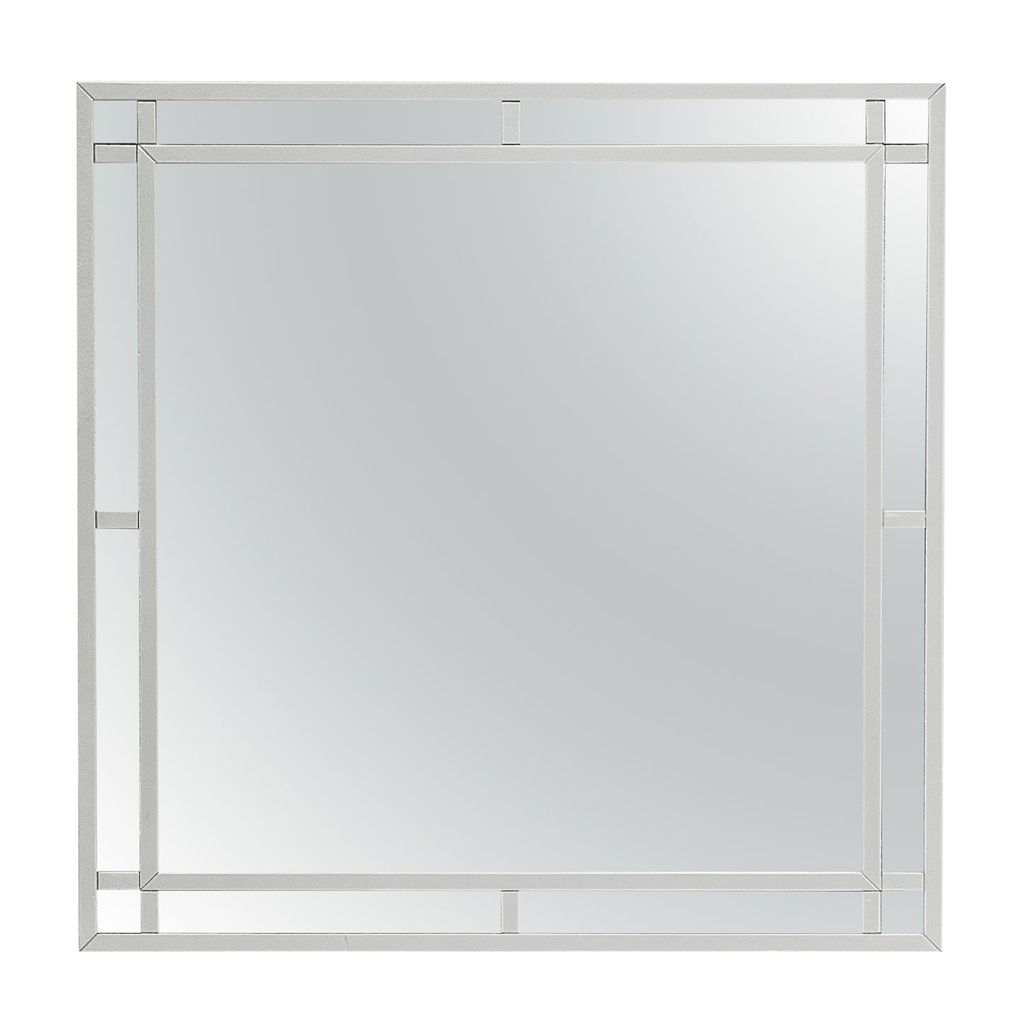 Modern silver mirrored wall mirror with beveled edges and geometric accents