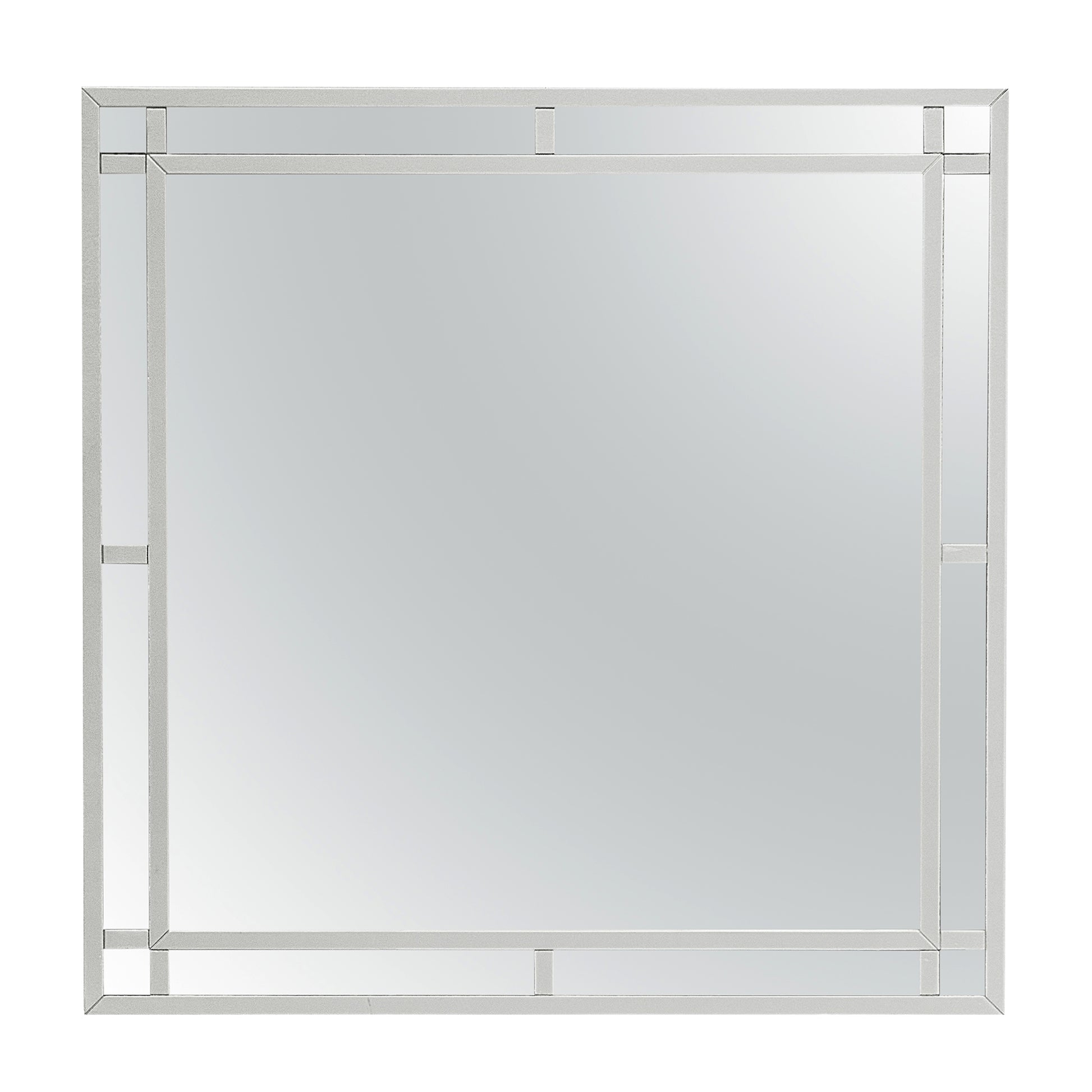 Modern silver mirrored wall mirror with beveled edges and geometric accents