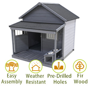 Gray fir wood dog house with porch featuring weatherresistant design and easy assembly