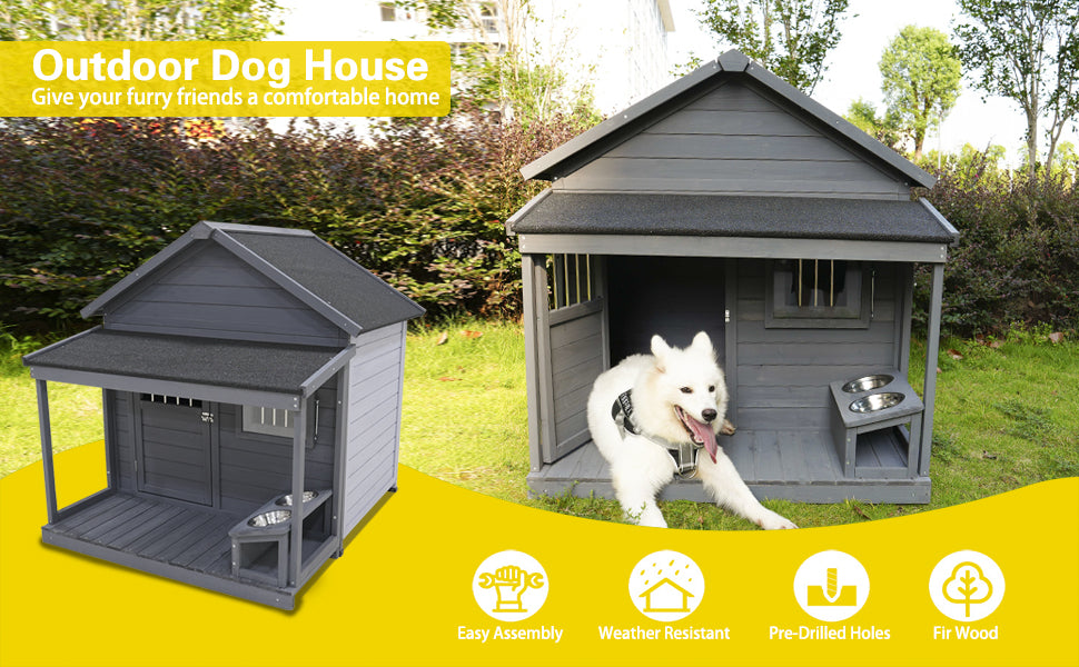 Grey wooden outdoor dog house with porch and feeding bowls