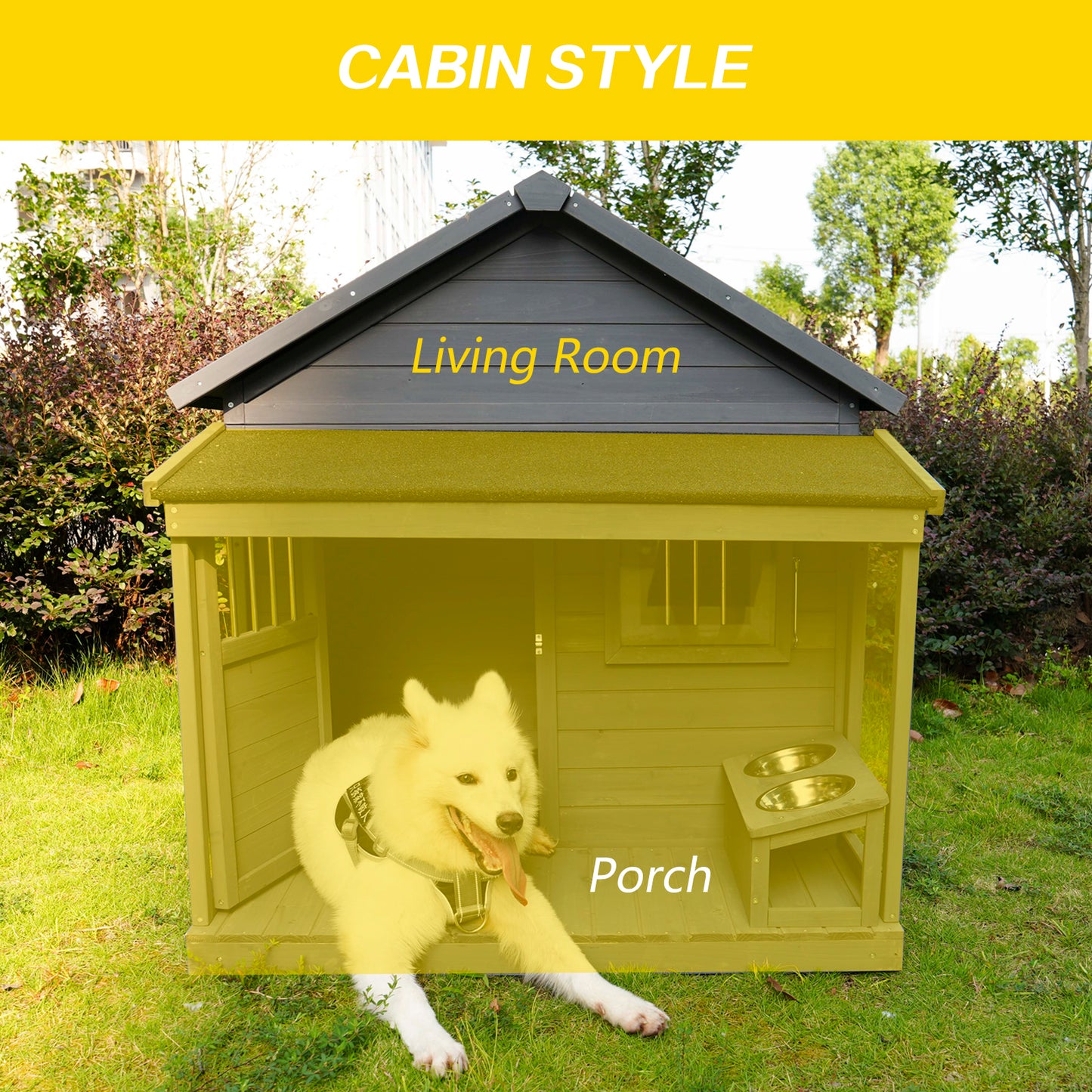 Wooden cabin style dog house with porch featuring a fluffy white dog enjoying the outdoors