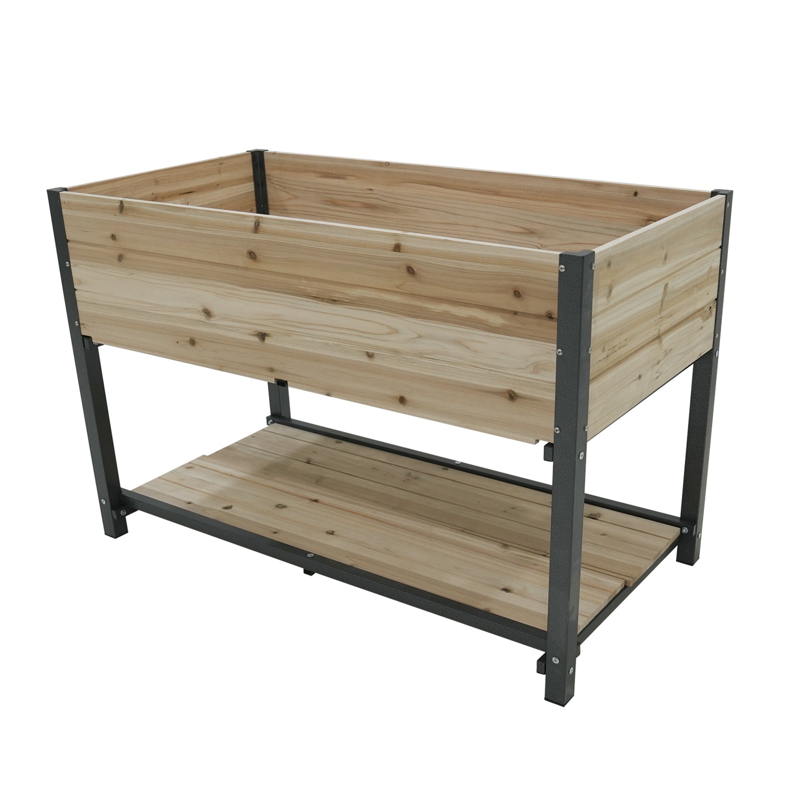 Wooden raised garden bed with metal frame and lower shelf for outdoor planting