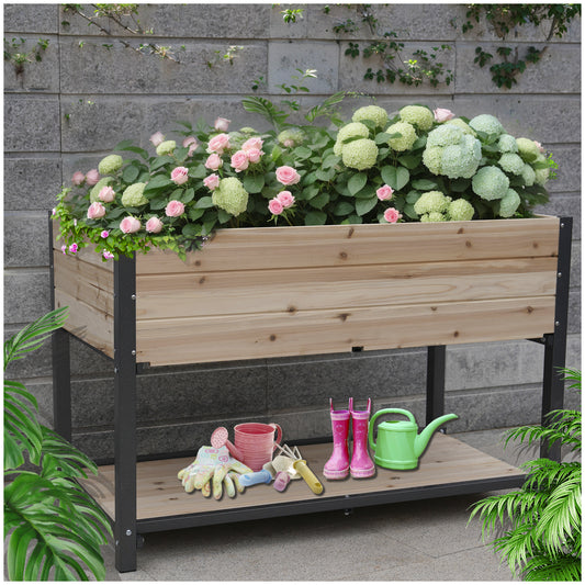 Elevated cedar garden planter with pink roses and hydrangeas ideal for patios