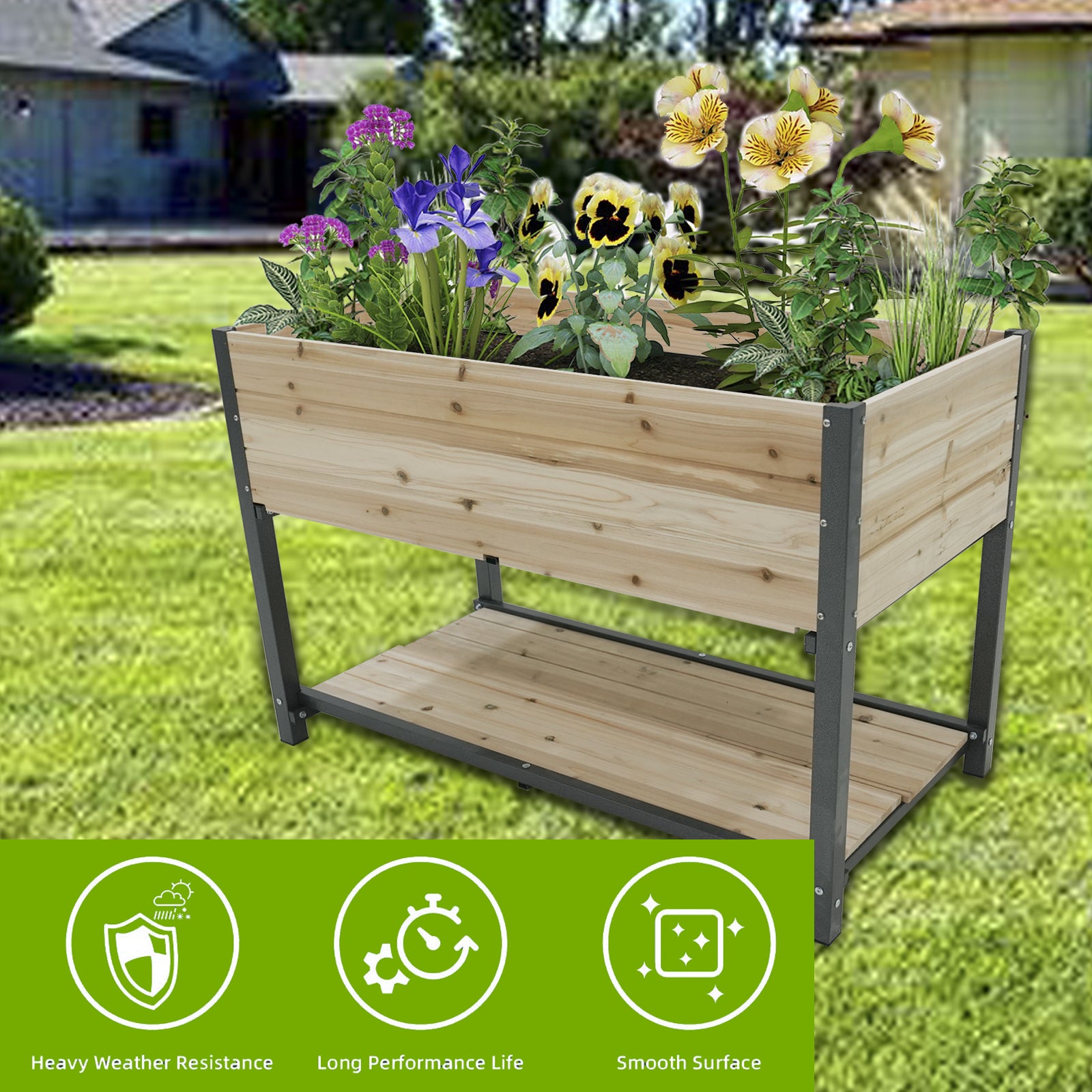 Elevated garden bed with natural wood and dark metal frame featuring lush plants