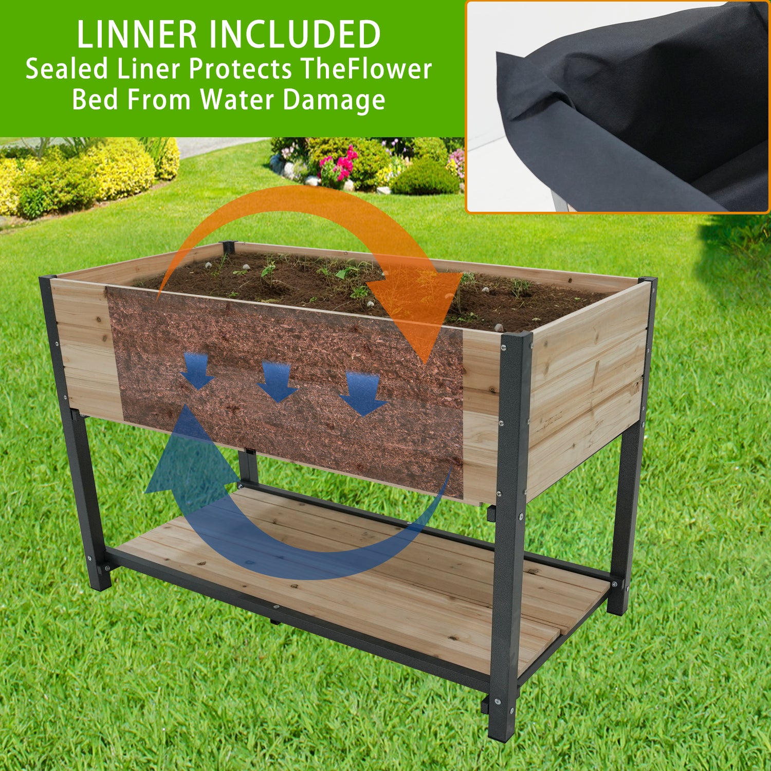 Wooden raised garden bed with sealed liner ideal for protecting plants