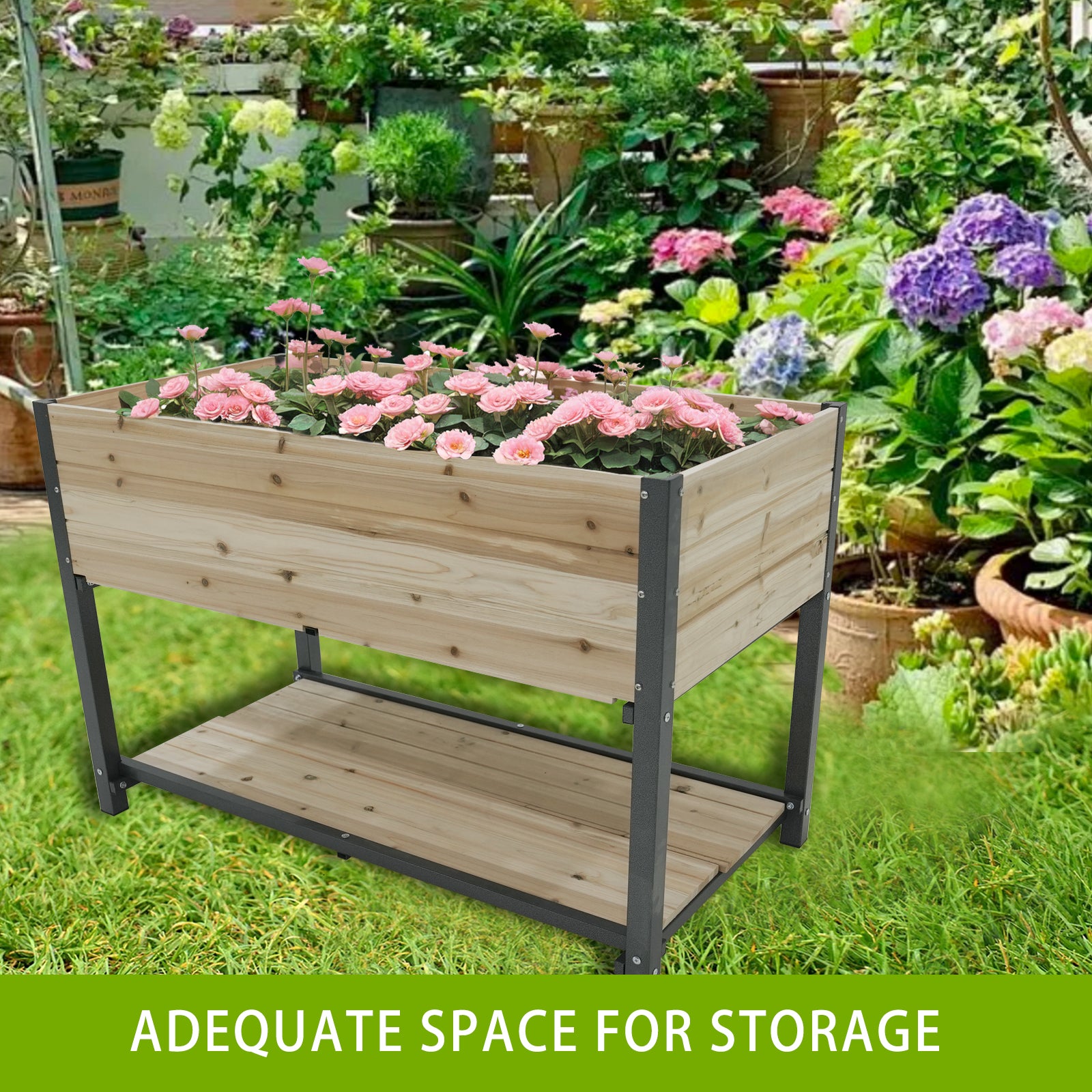Raised garden bed with light wood construction and metal frame planted with pink flowers