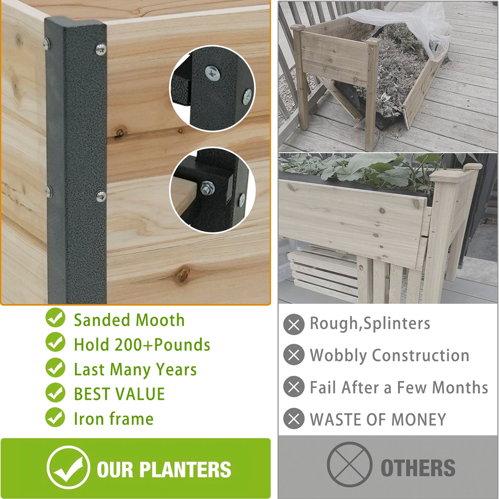 Closeup of a sturdy wooden planter with a dark metal frame and visible screws for strength