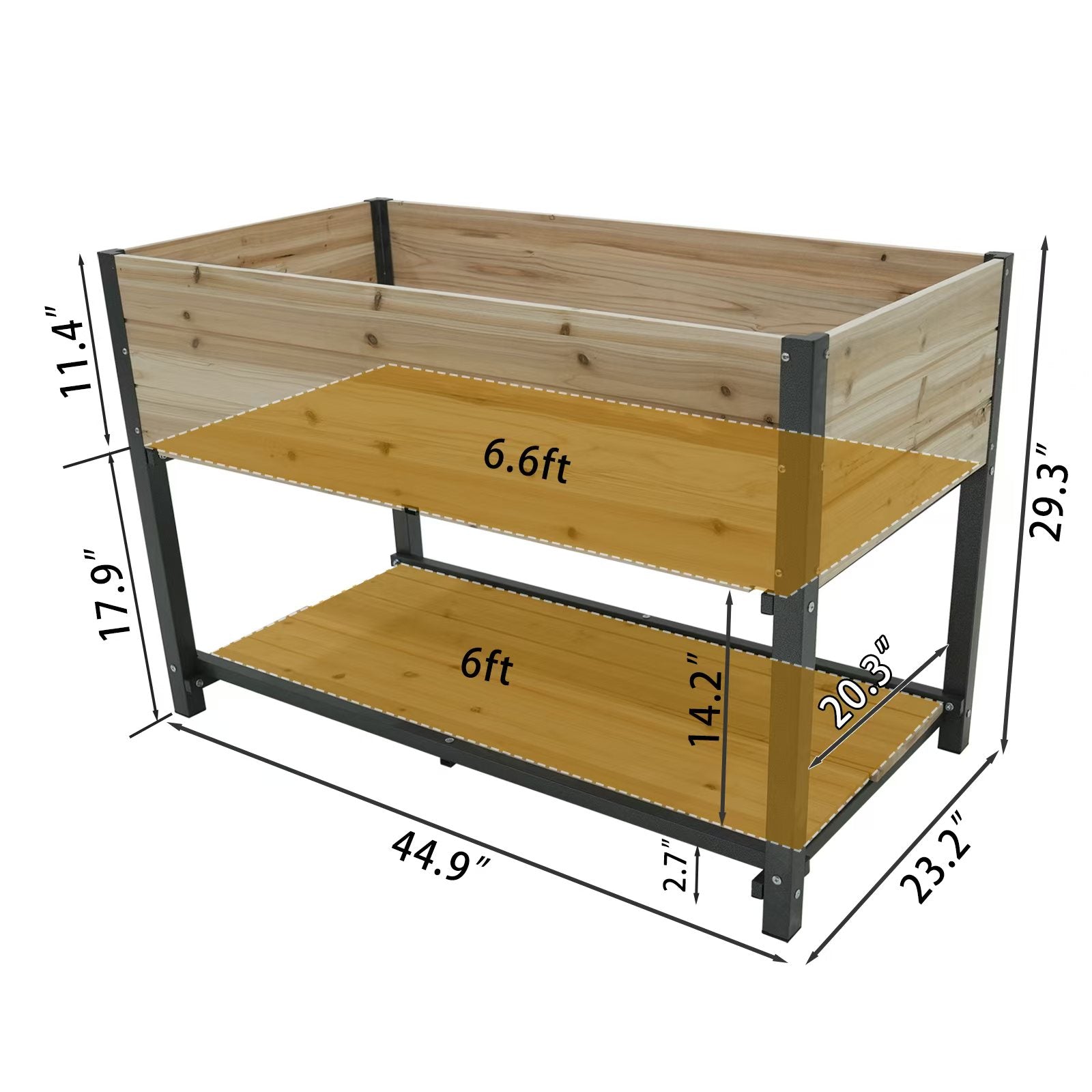 Twotier wooden raised garden bed with metal frame and dimensions labeled