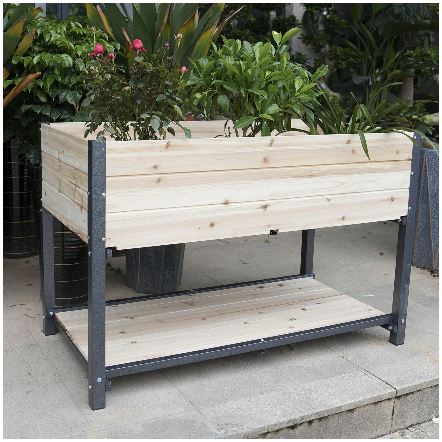 Natural wood raised garden bed with grey metal frame and lower shelf