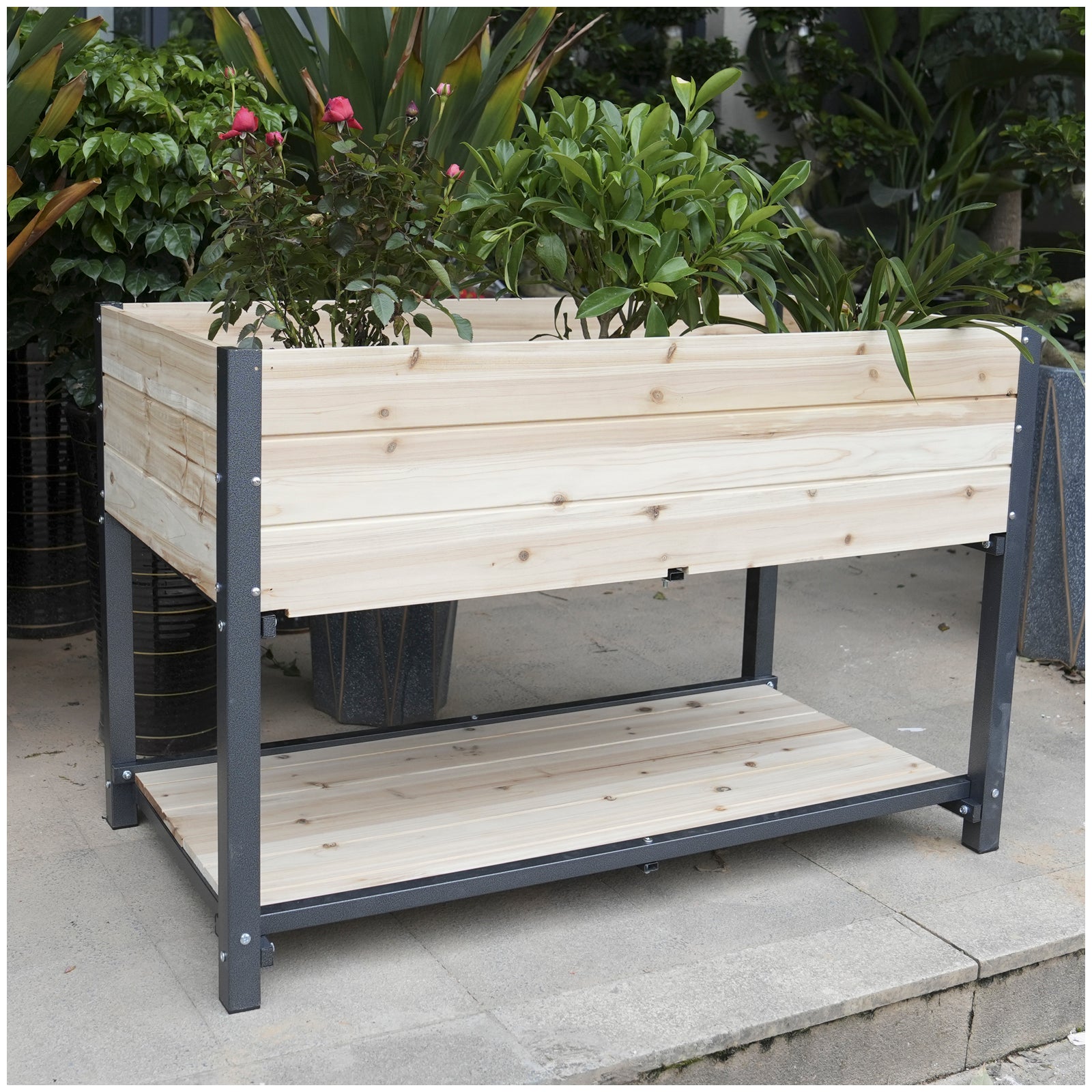 Natural wood raised garden bed with grey metal frame and lower shelf