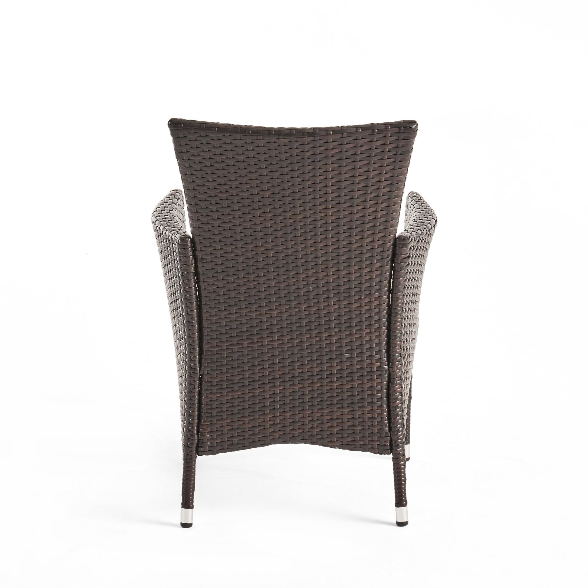 Dark brown woven rattan armchair with silver legs perfect for outdoor patios