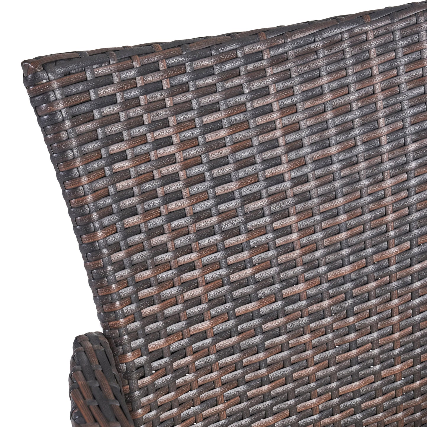 Closeup of brown and grey wicker chair back showing woven texture detail