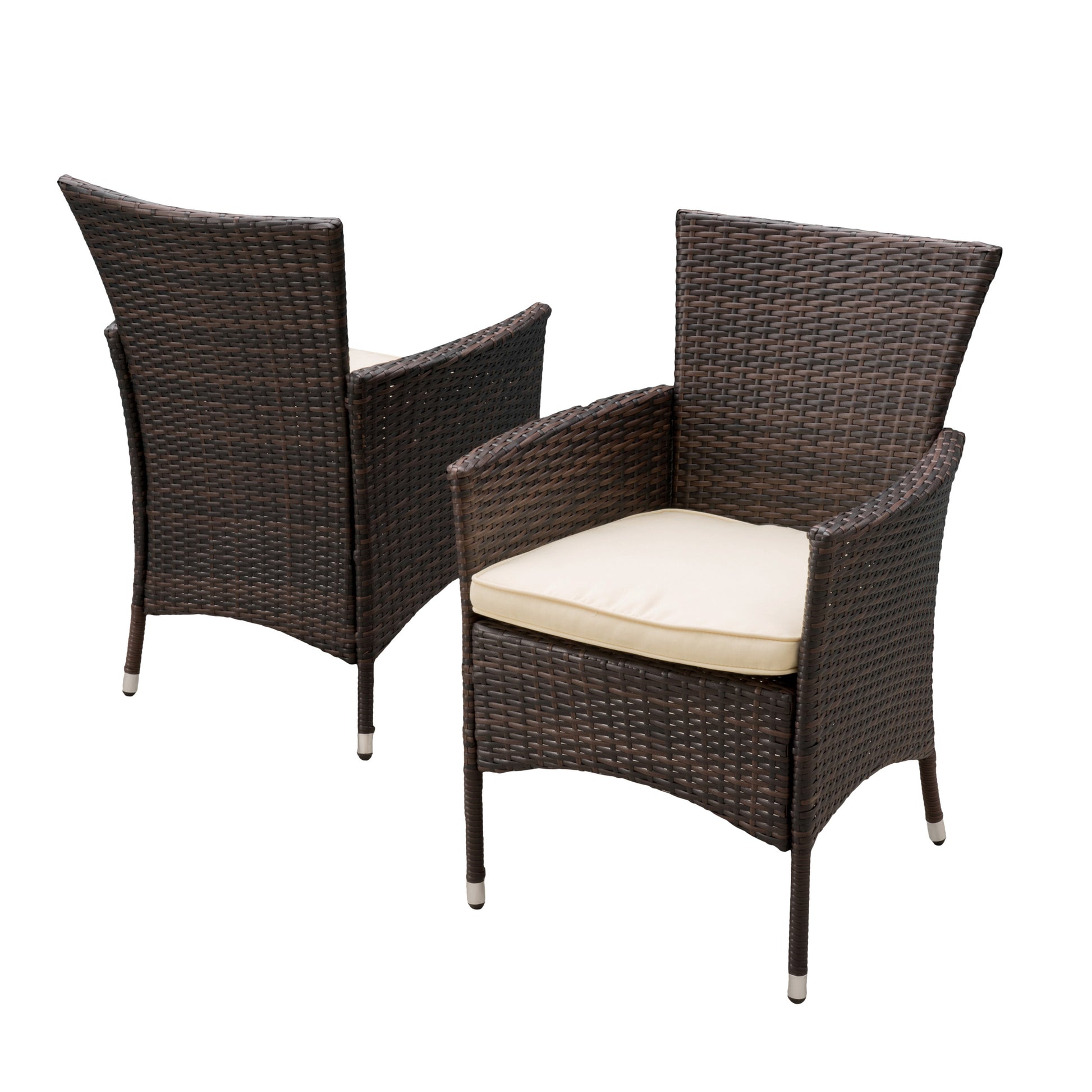 Two dark brown rattan chairs with cream cushions for outdoor seating