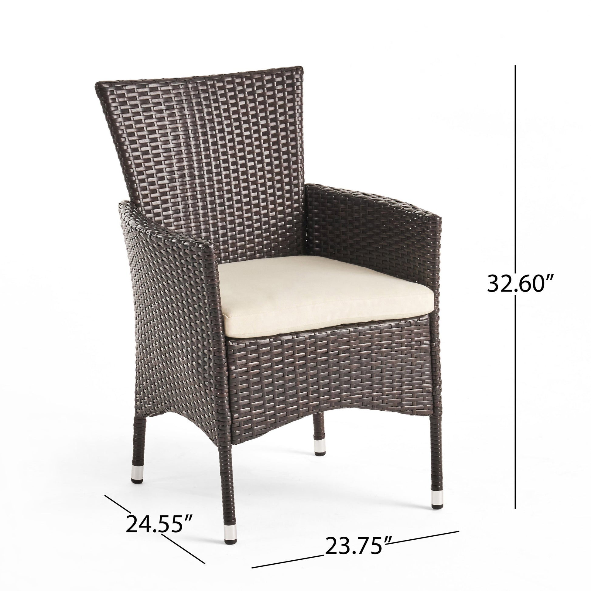 Dark brown wicker armchair with beige cushion for patio seating