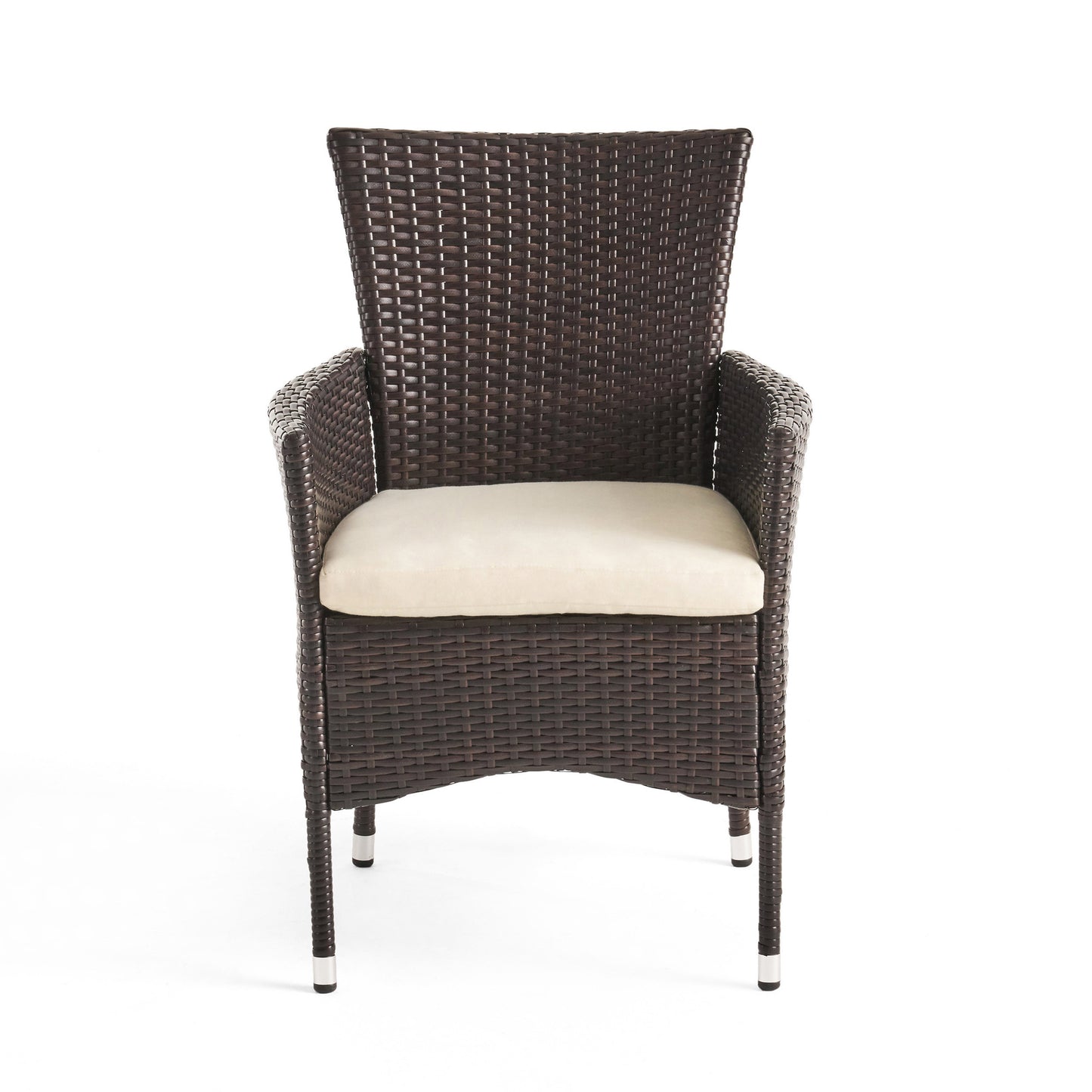 Dark brown rattan armchair with beige cushion ideal for patio dining