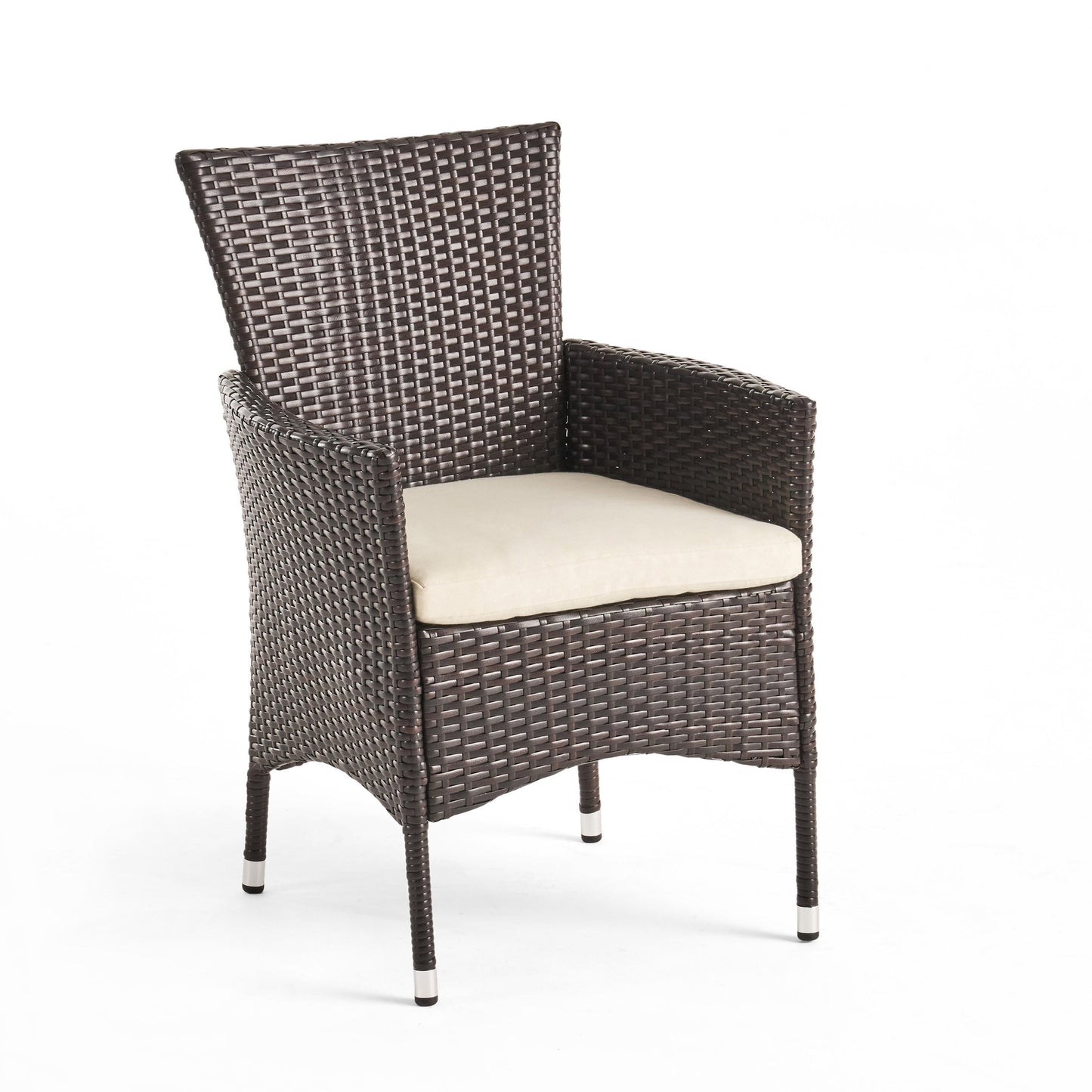 Dark brown wicker patio chair with a cream cushion and silver accents