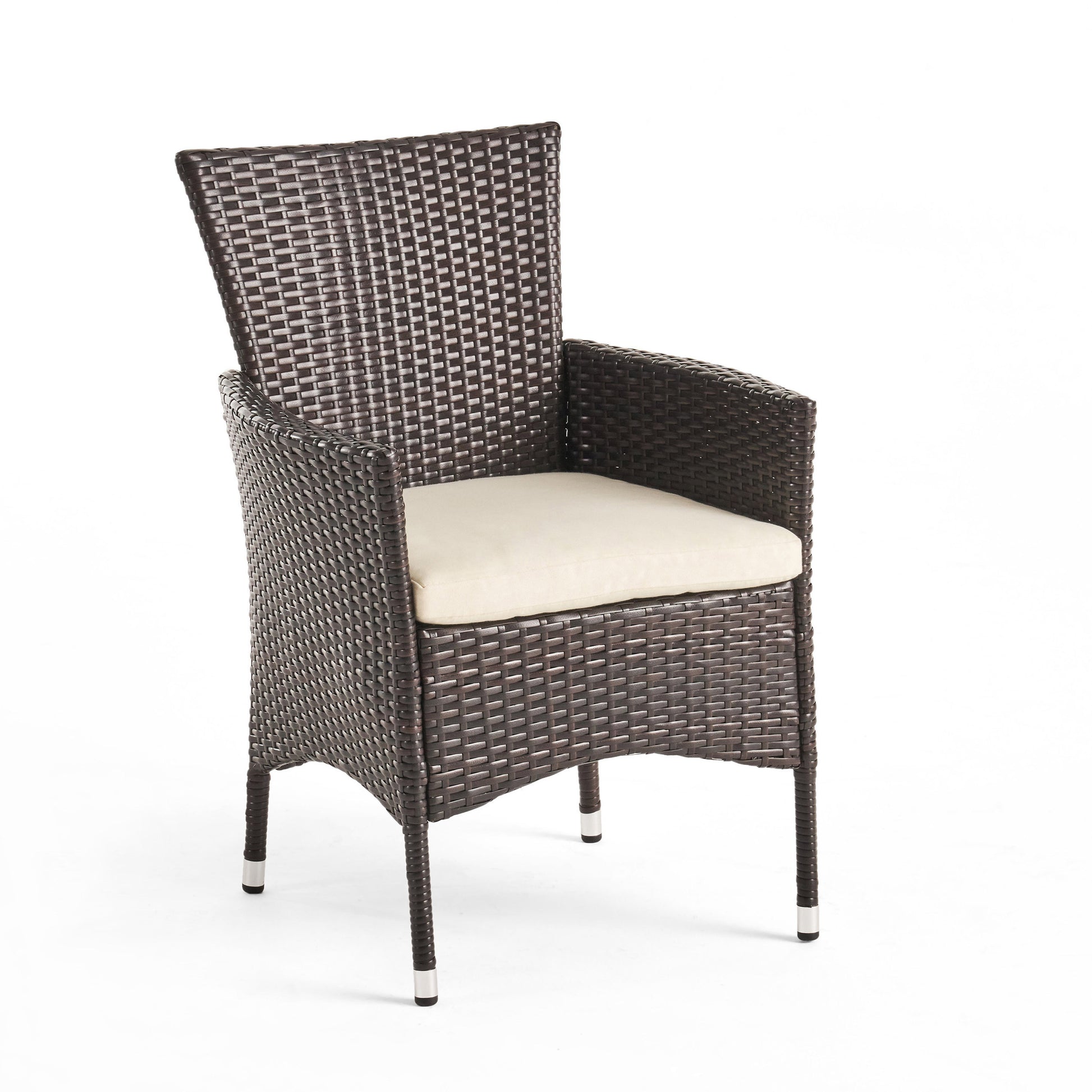 Dark brown wicker patio chair with a cream cushion and silver accents