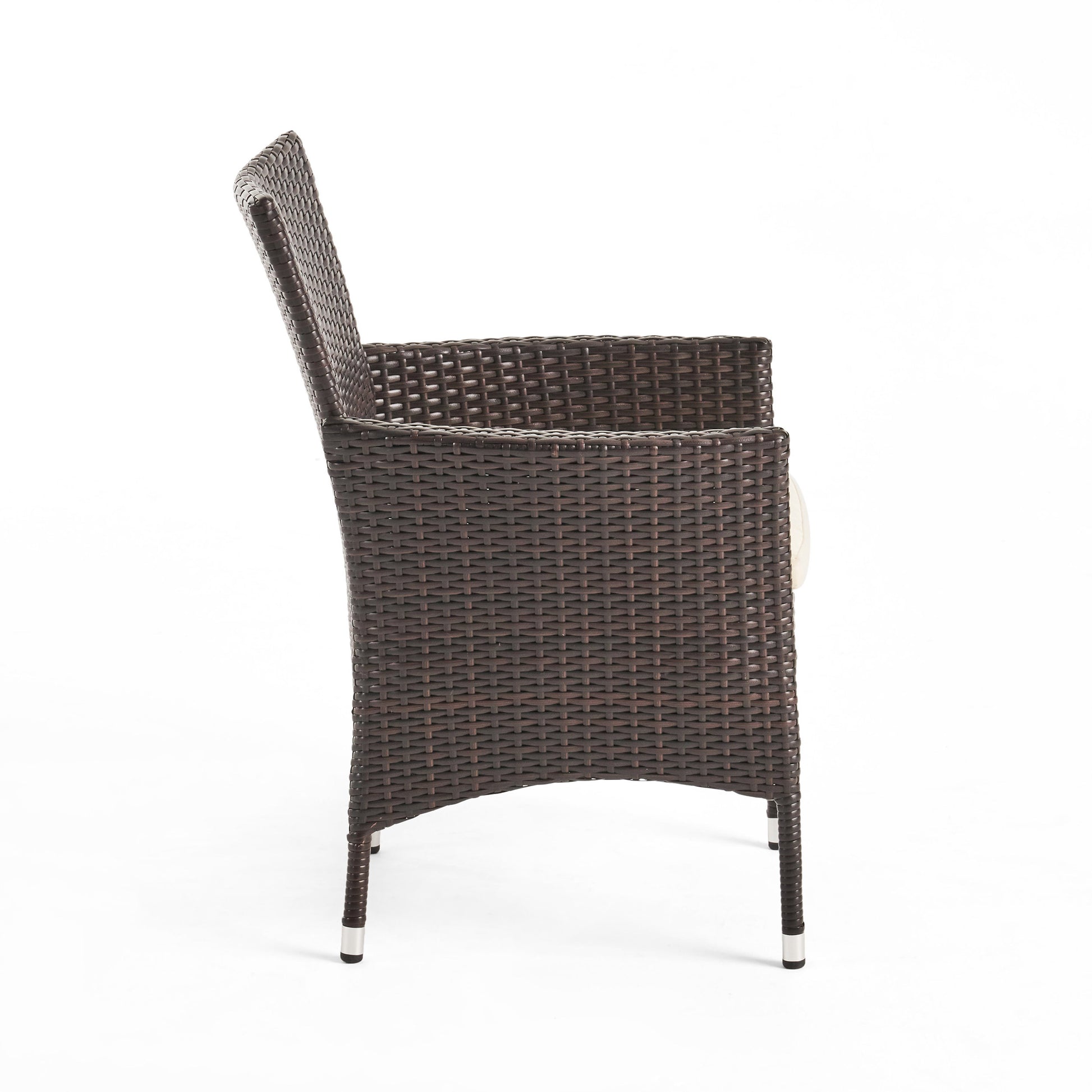 Dark brown wicker armchair with metal legs suitable for patio use