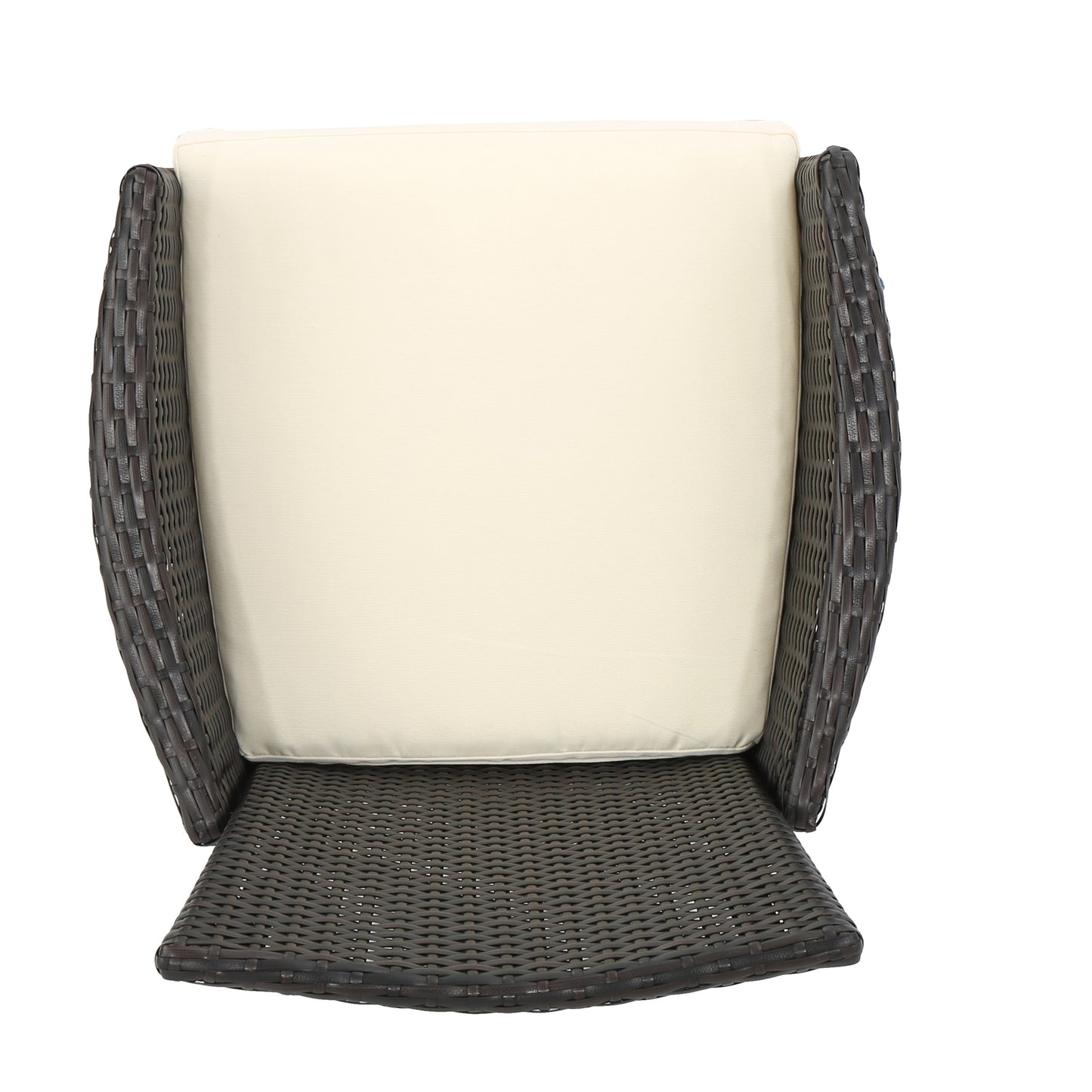 Brown wicker patio chair with plush cream cushions ideal for outdoor seating