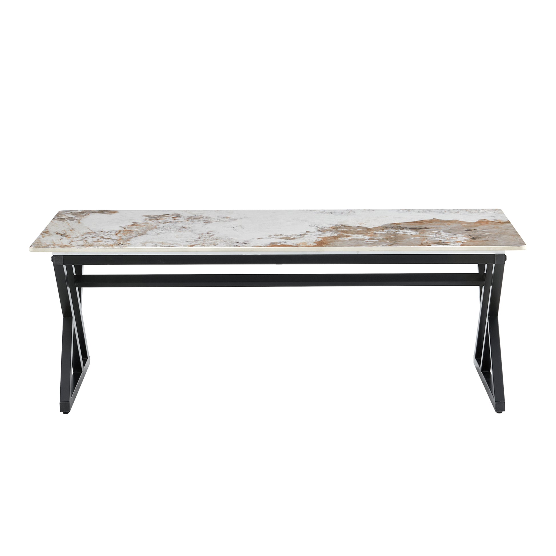 Rectangular coffee table with faux marble top and black metal frame