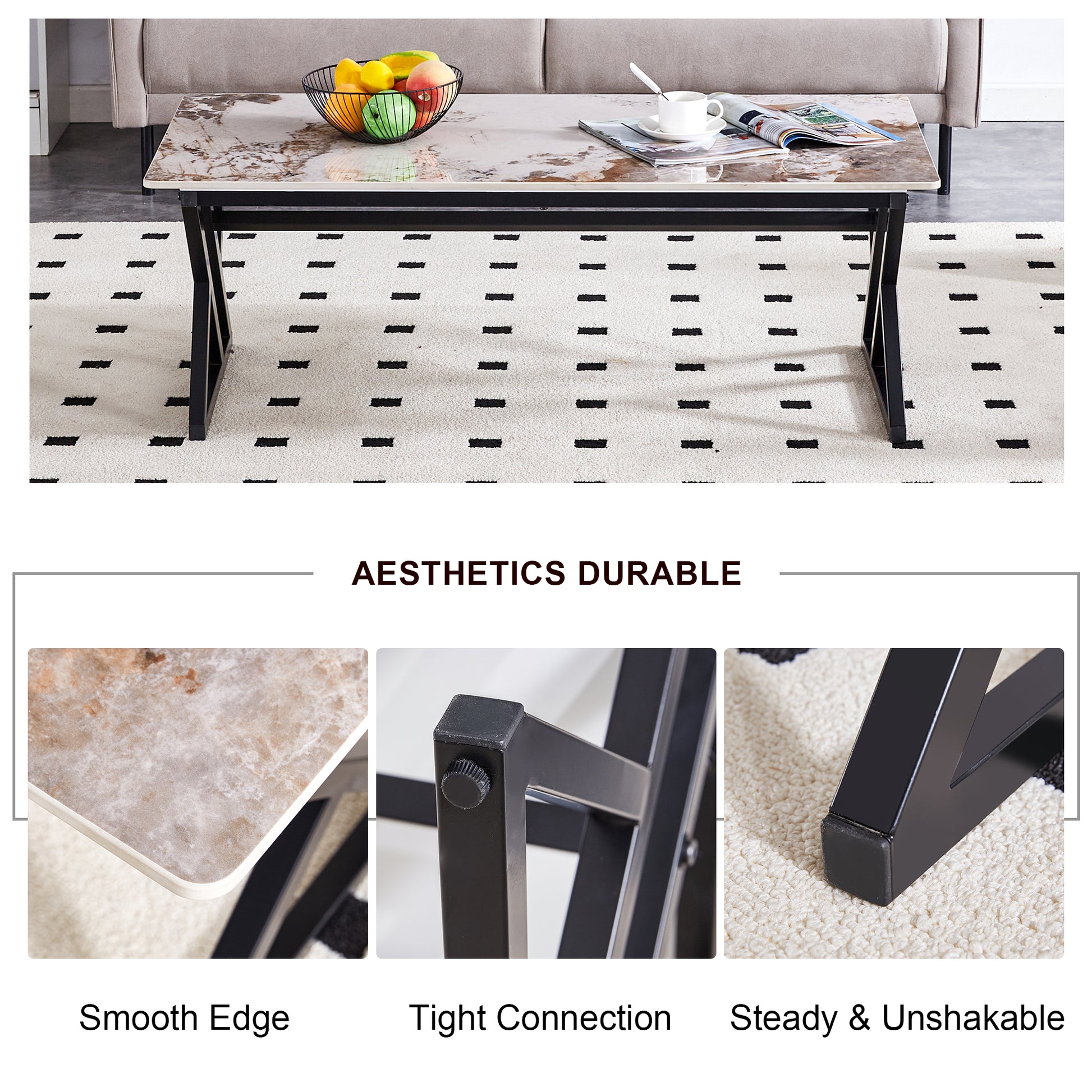 Marble print coffee table with black metal legs holding a fruit bowl and magazine