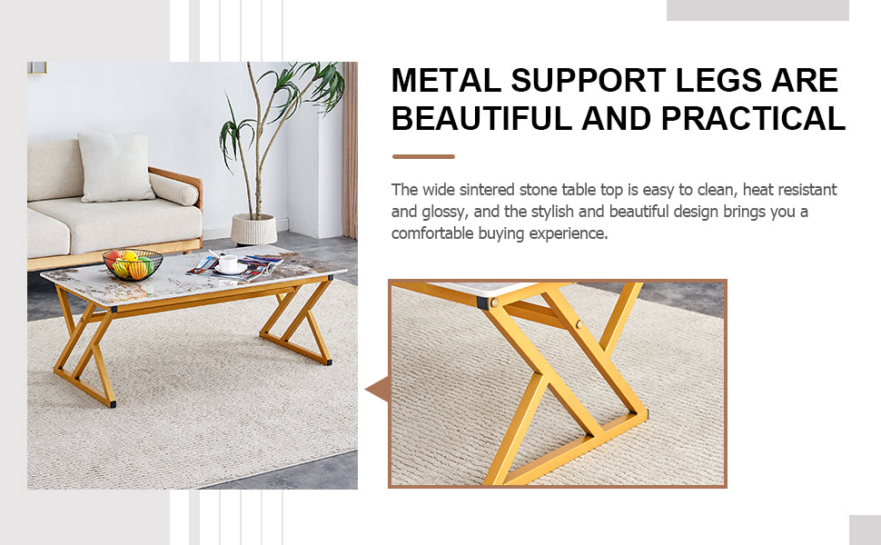 Rectangular sintered stone coffee table with geometric gold metal legs ideal for living rooms