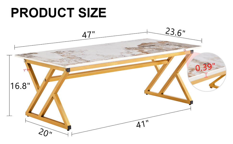 Gold metal frame coffee table with white marble top and abstract brown veining