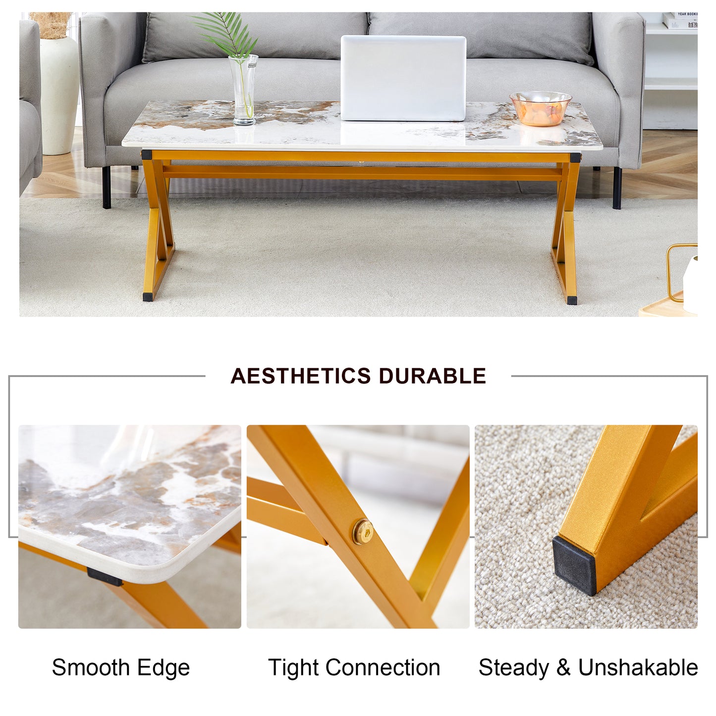 Marble top coffee table with gold metal legs in a modern living room