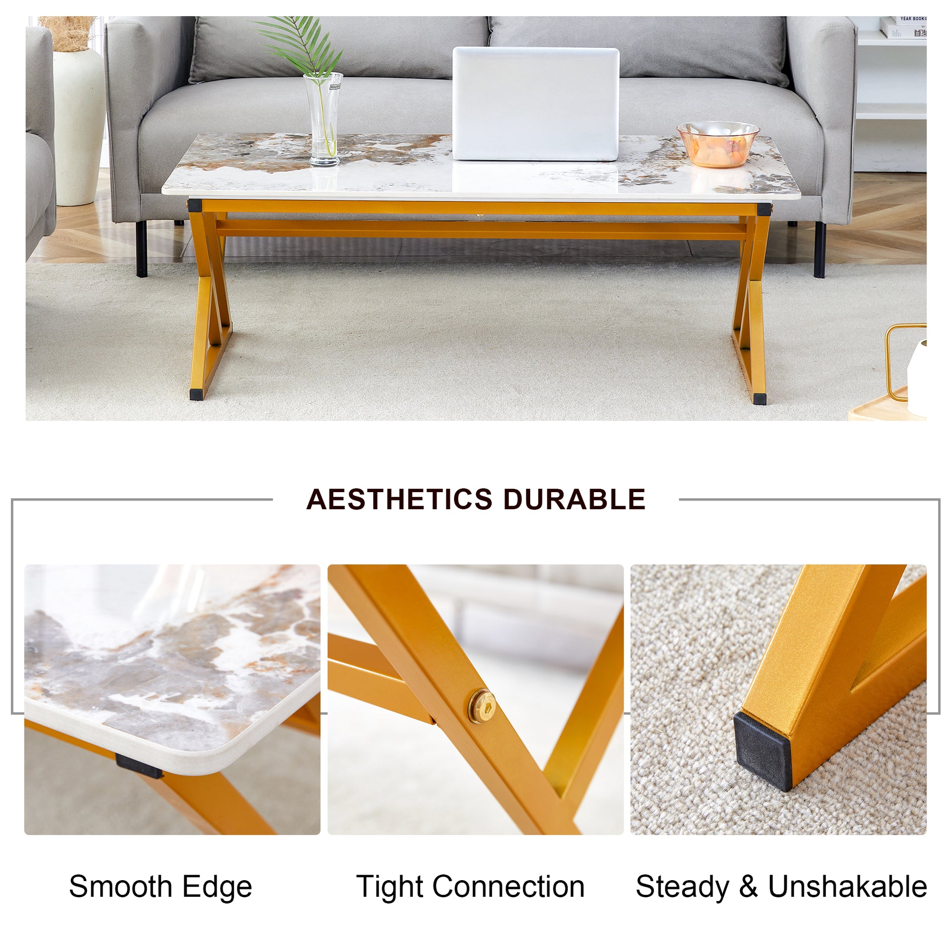 Marble top coffee table with gold metal legs in a modern living room