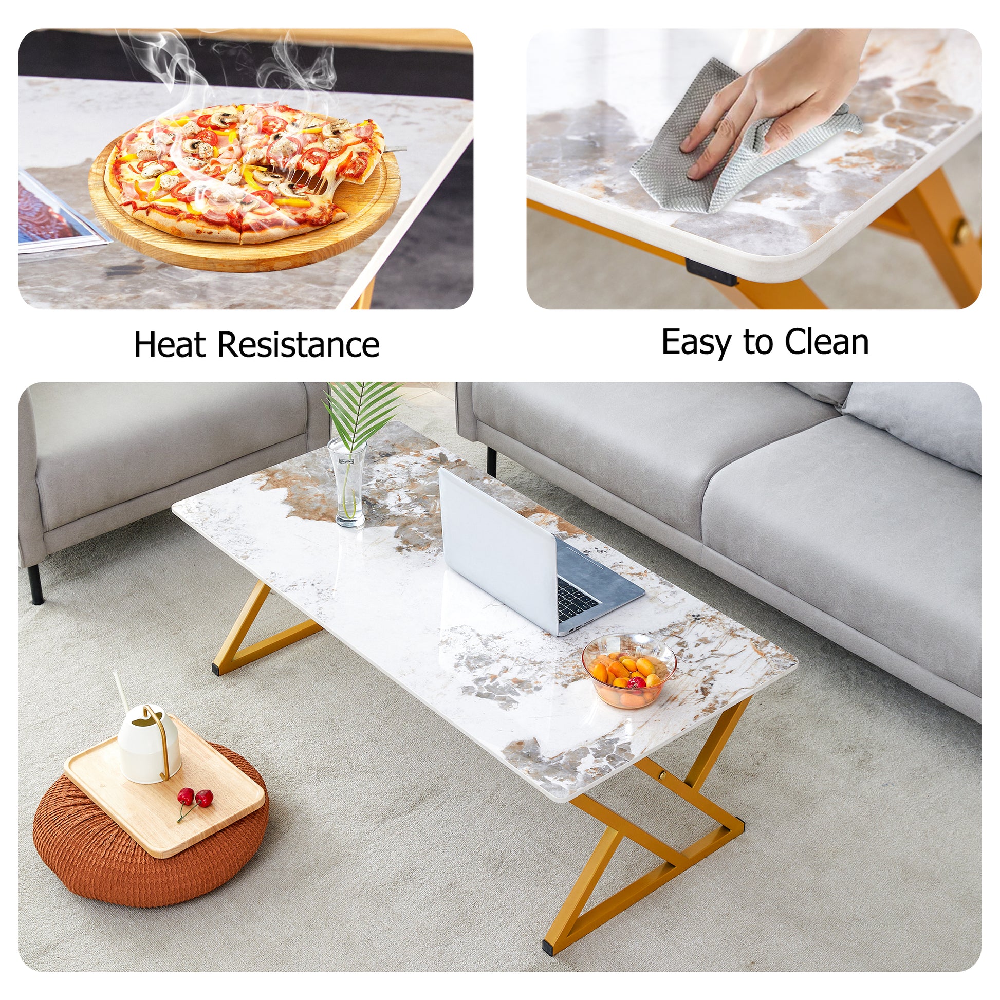White and marble print coffee table with gold geometric legs laptop and fruit bowl