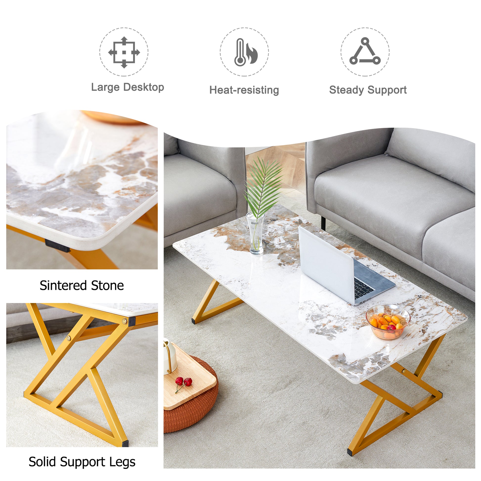 Sintered stone coffee table with white marblelike top and gold zigzag legs
