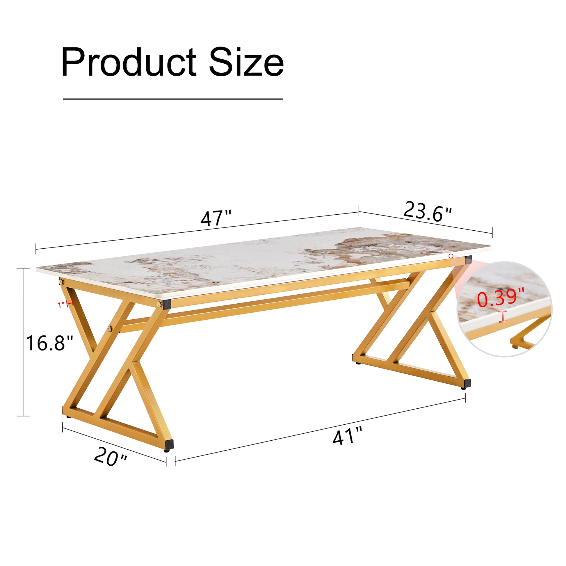 Marble top coffee table with gold metal base and dimensions displayed