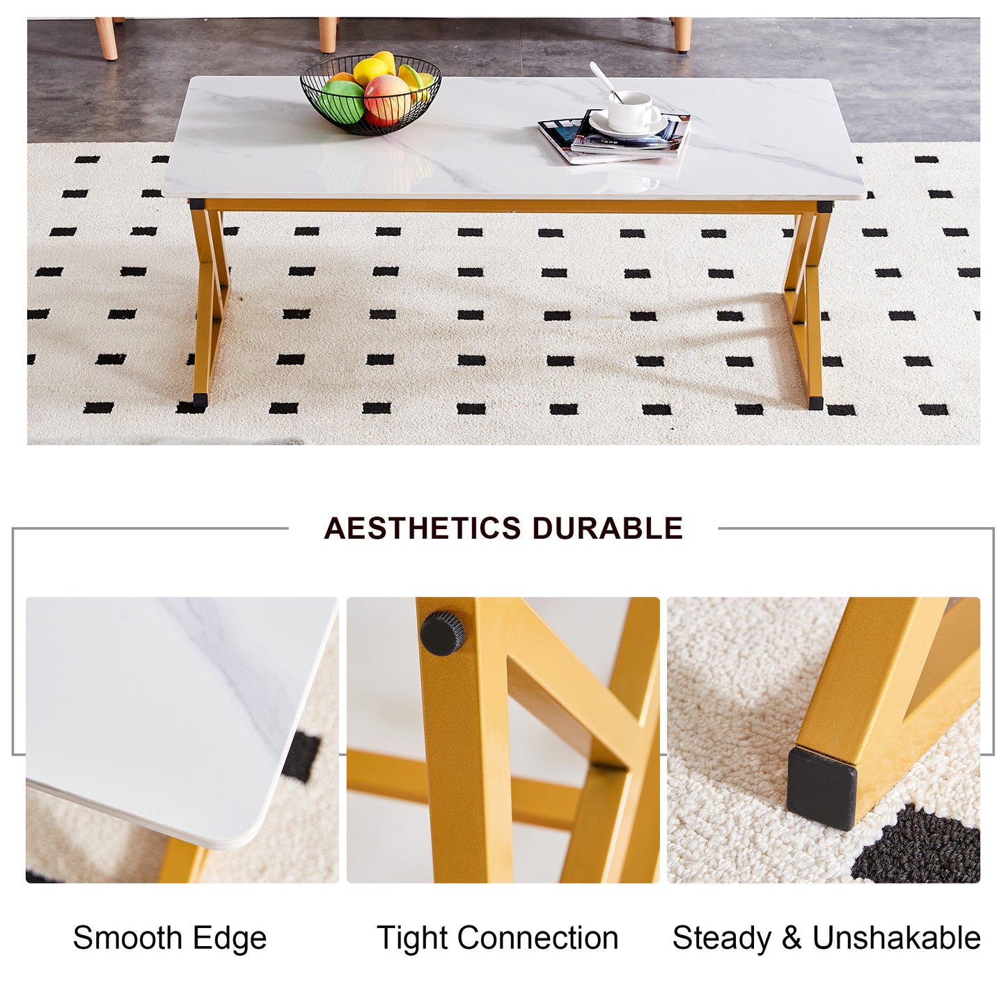 White marble coffee table with a gold metal frame and a bowl of fruit