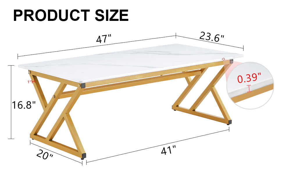 White faux marble tabletop coffee table with gold geometric metal legs dimensions  x  x