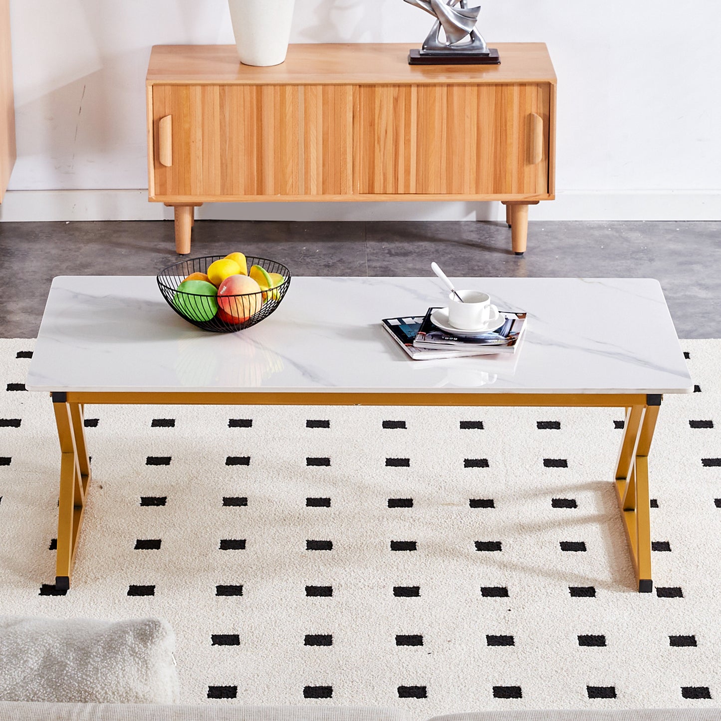 White marble top coffee table with gold folding legs perfect for small spaces