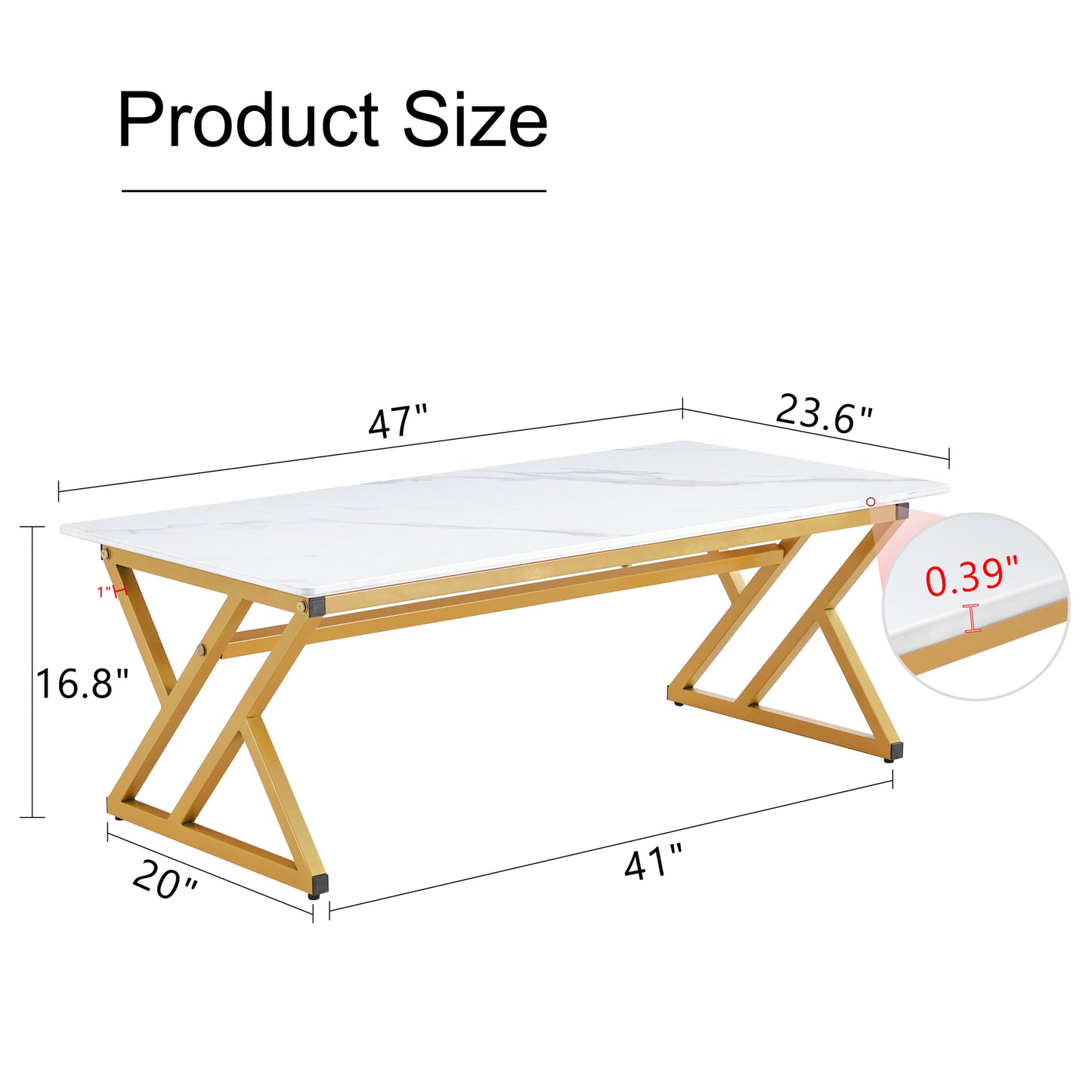 White marble coffee table with gold geometric base  L x  W