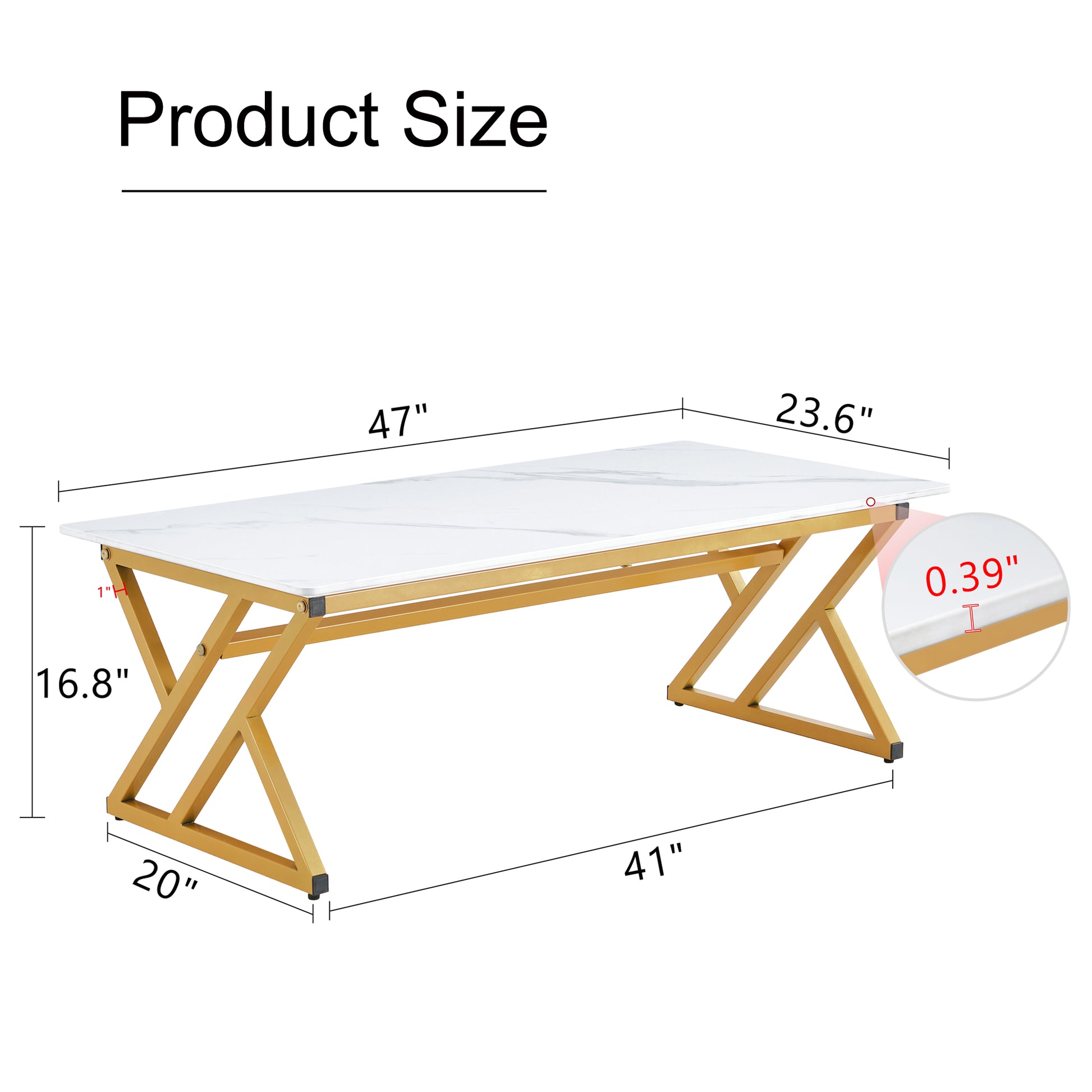 White marble coffee table with gold geometric base  L x  W