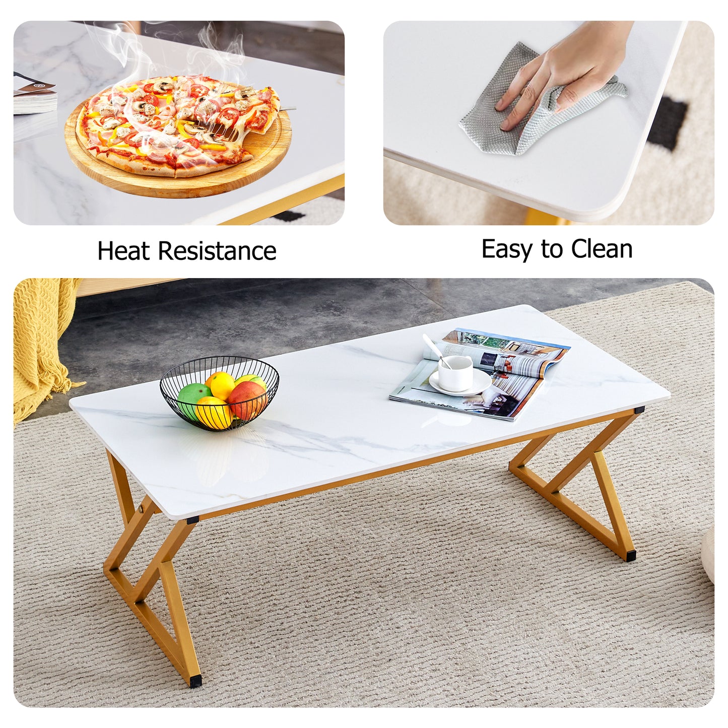 White marble laptop table with gold folding legs and fruit bowl