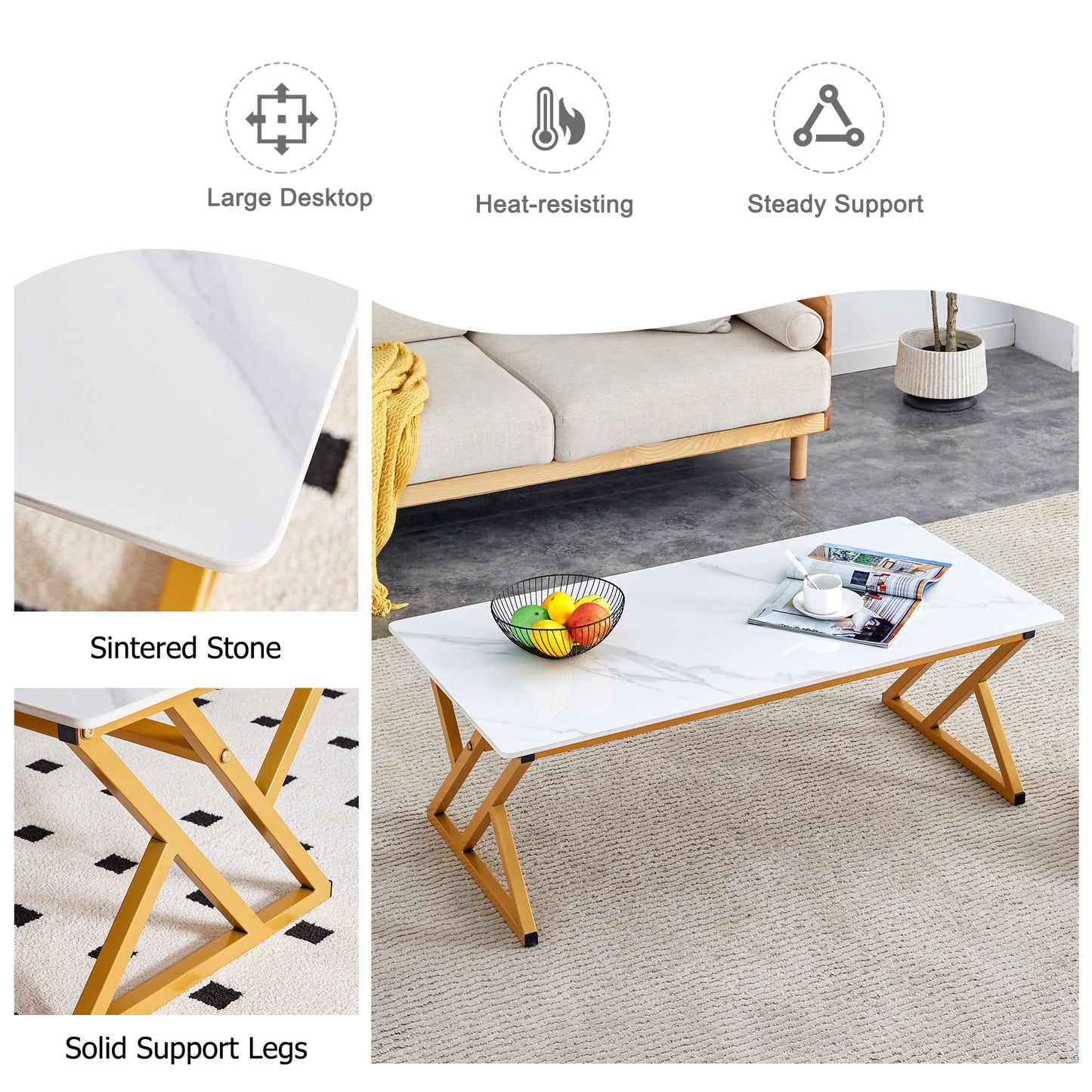 White marble sintered stone coffee table with gold zigzag legs