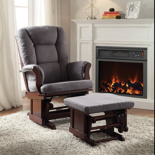 Comfortable grey fabric glider chair and ottoman set with dark wood frame