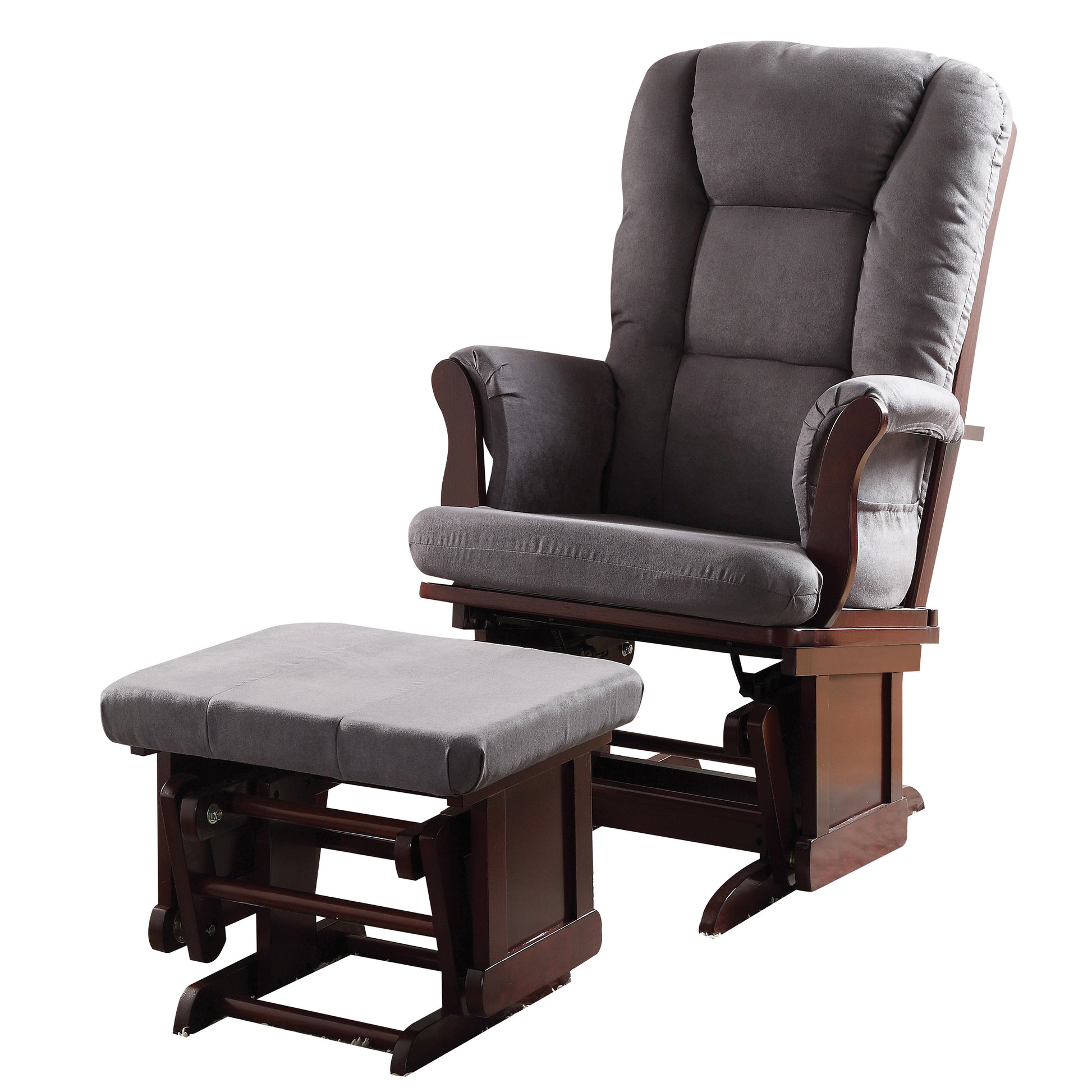 Plush grey fabric glider chair with dark wood accents and matching ottoman for nursery